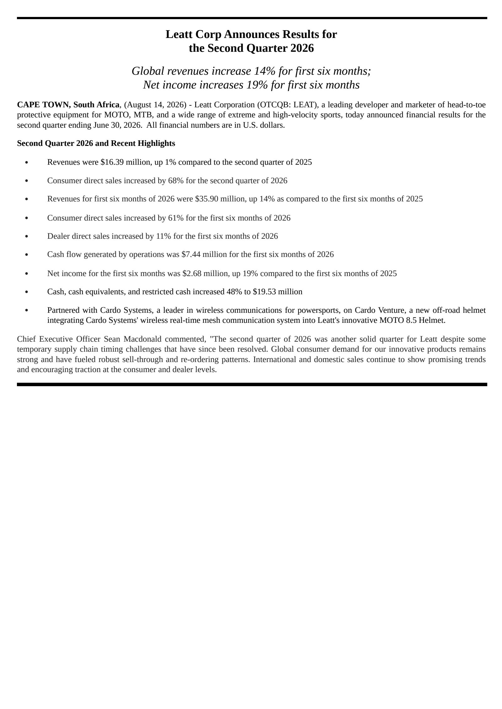 Leatt's Q2 2026 Press Release