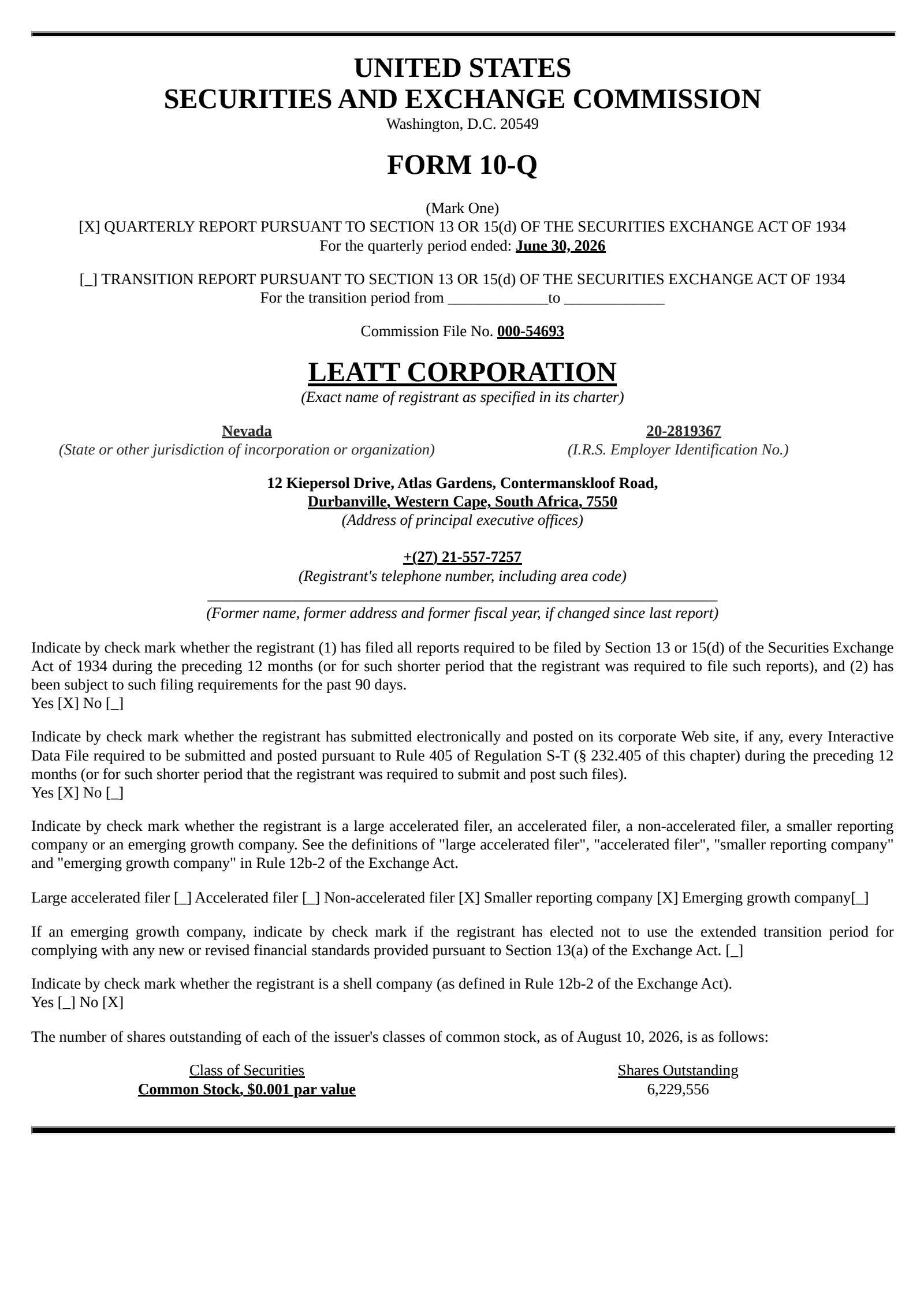 Leatt's Q2 2026 Quarterly report