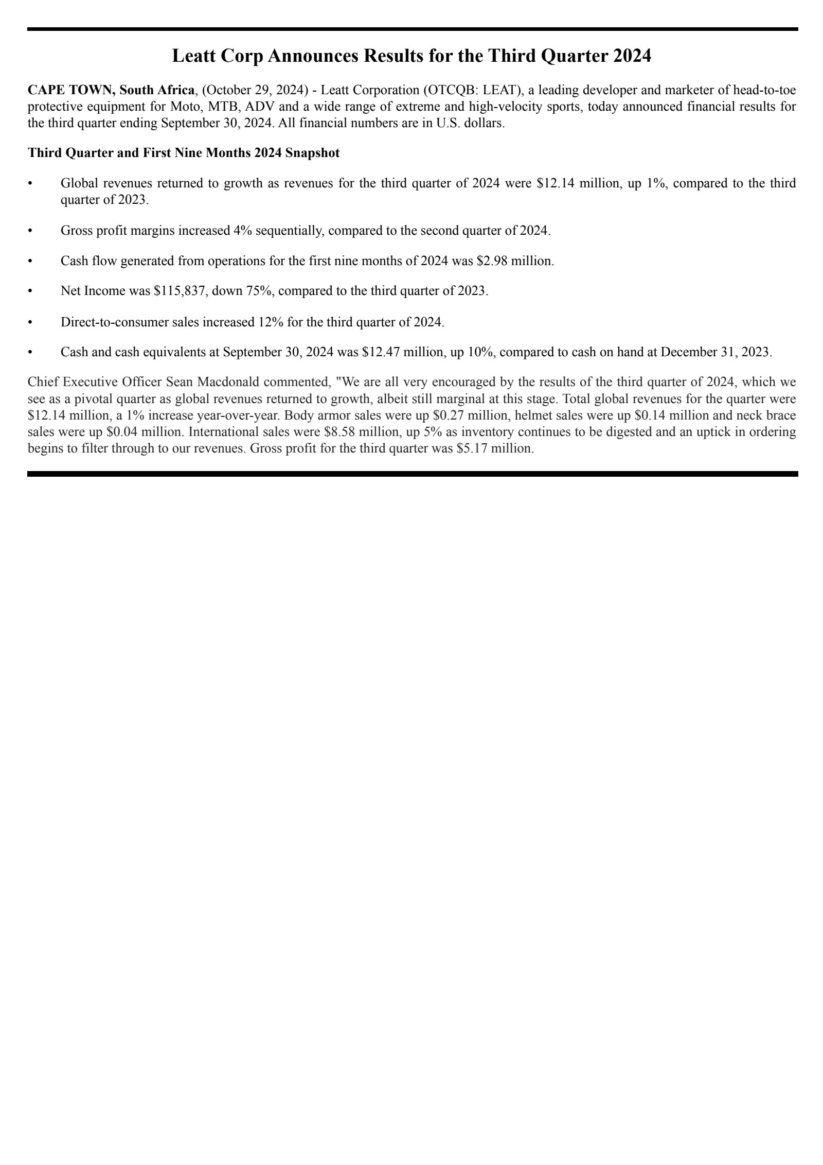 Leatt's Q3 2024 Press Release