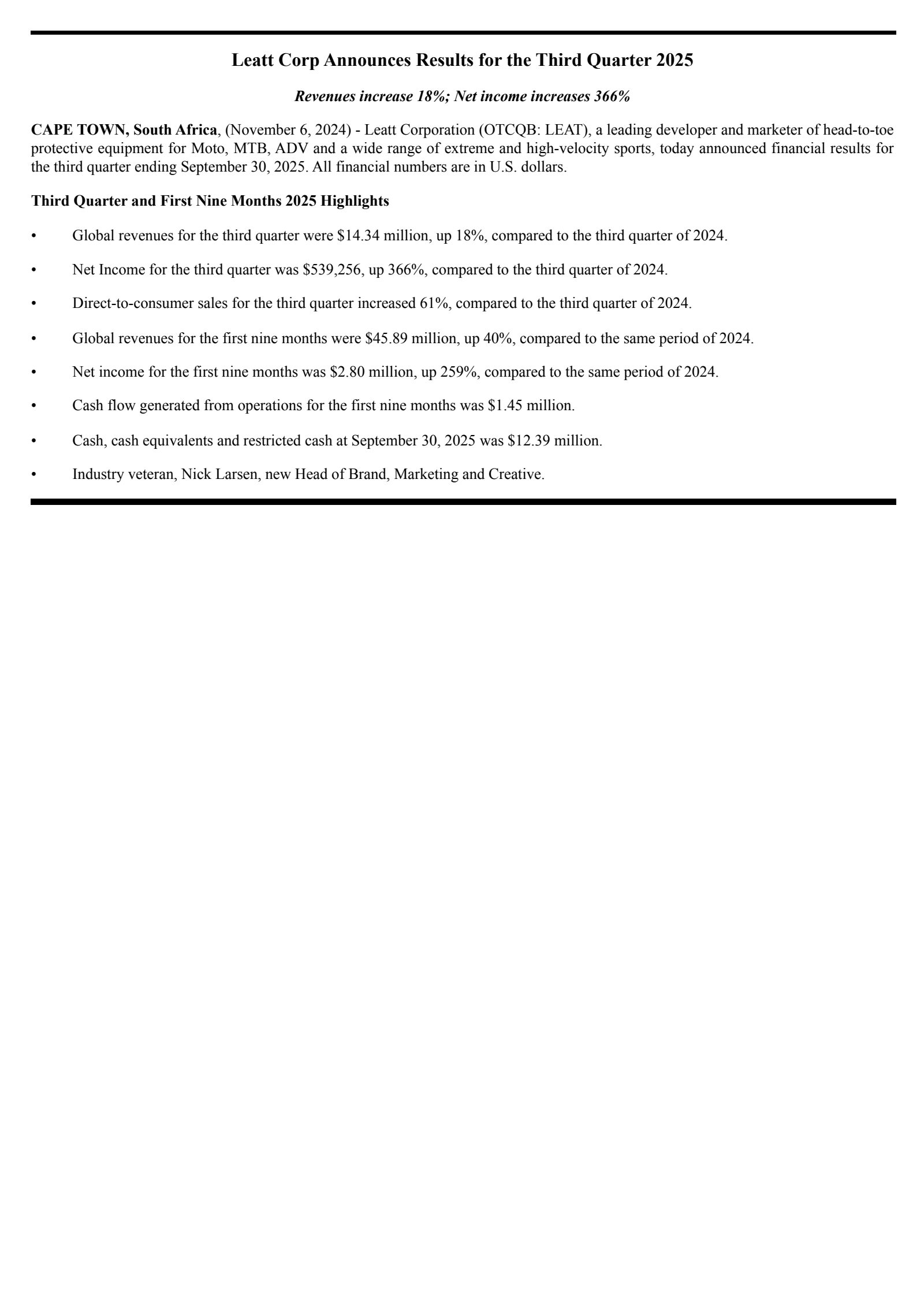 Leatt's Q3 2025 Earnings Release