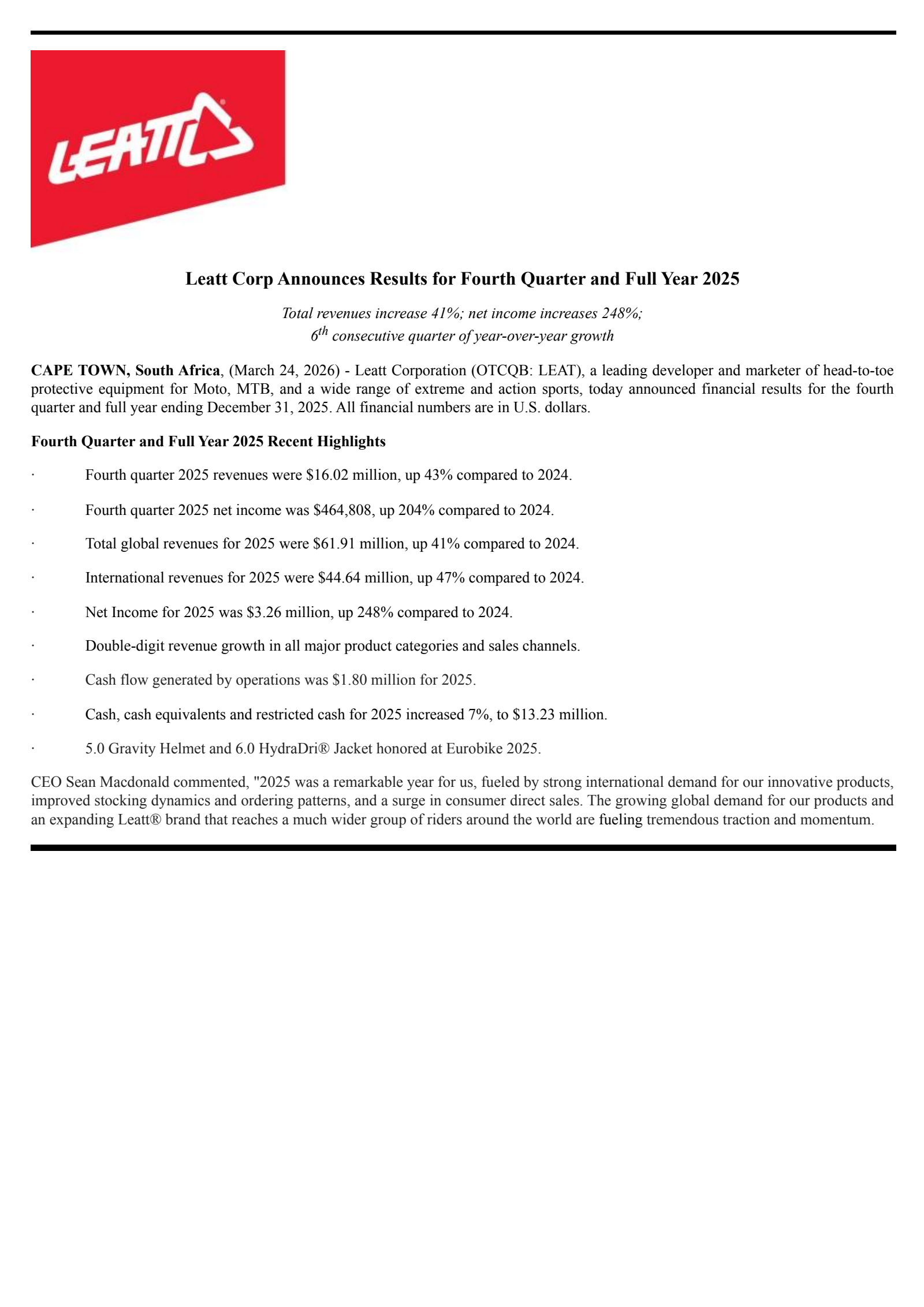Leatt's Q4 2025 Press Release