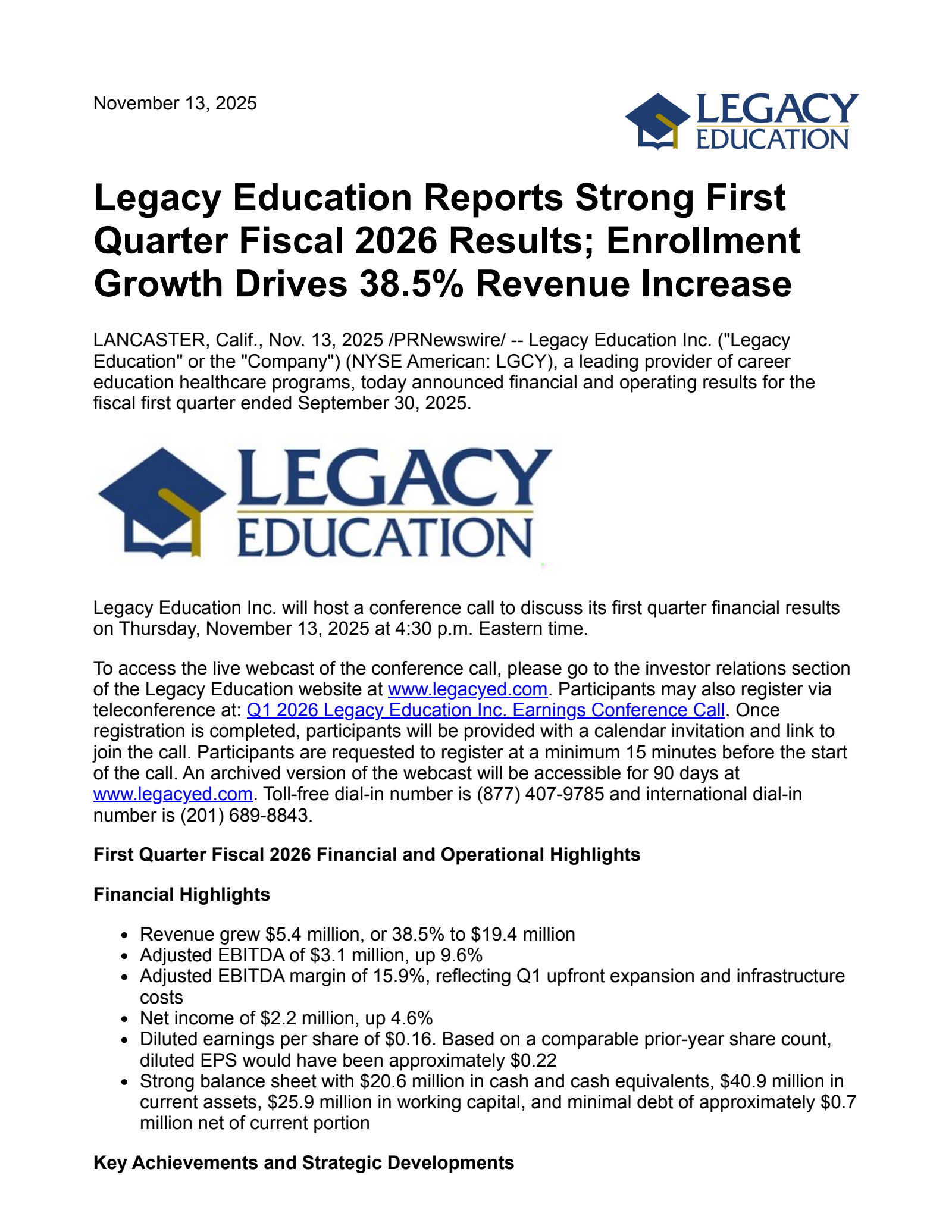 Legacy Education's Q1 2026 Earnings Release