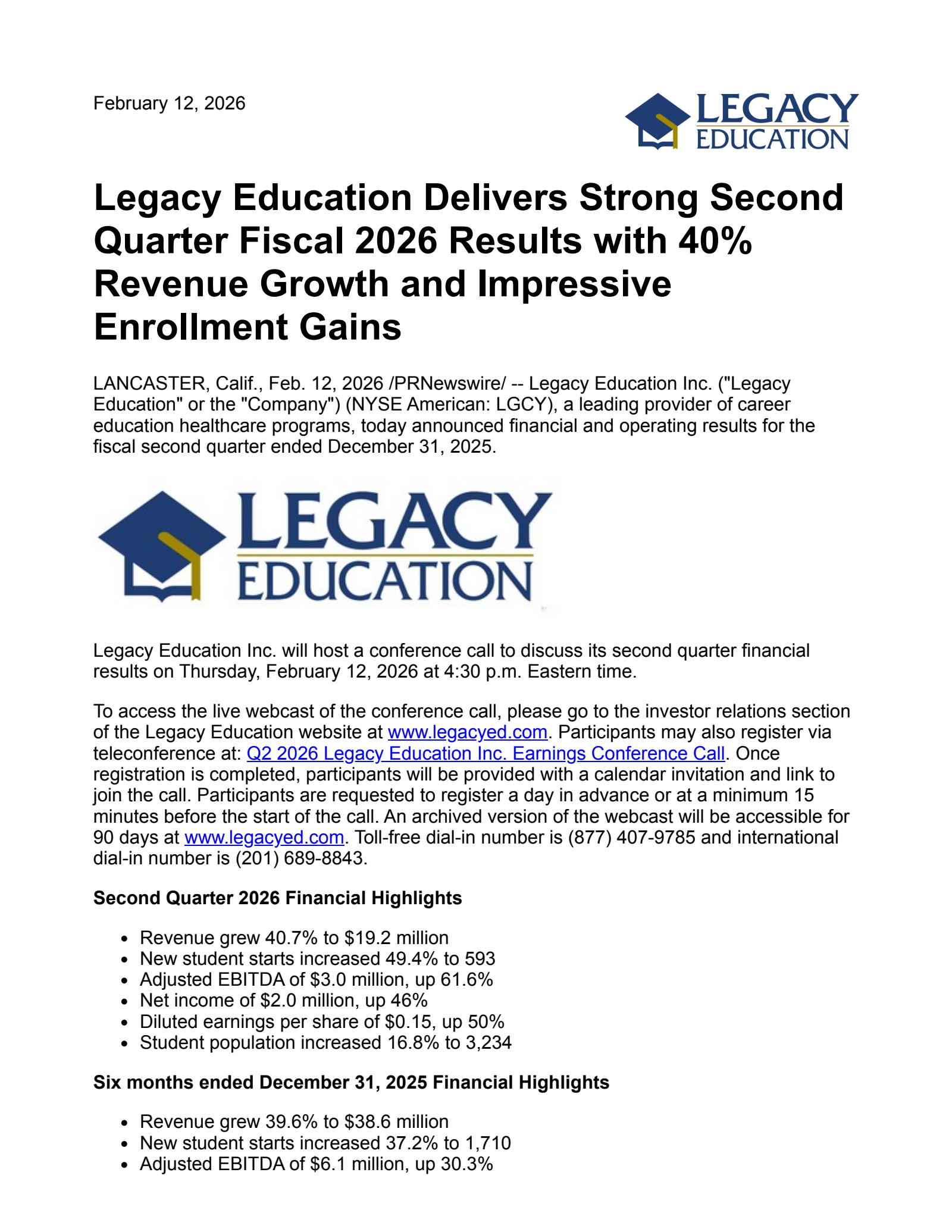 Legacy Education's Q2 2026 Press Release