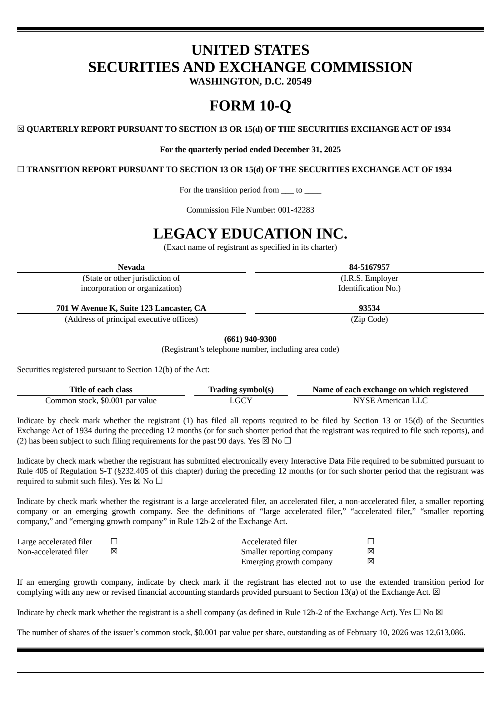 Legacy Education's Q2 2026 Quarterly report