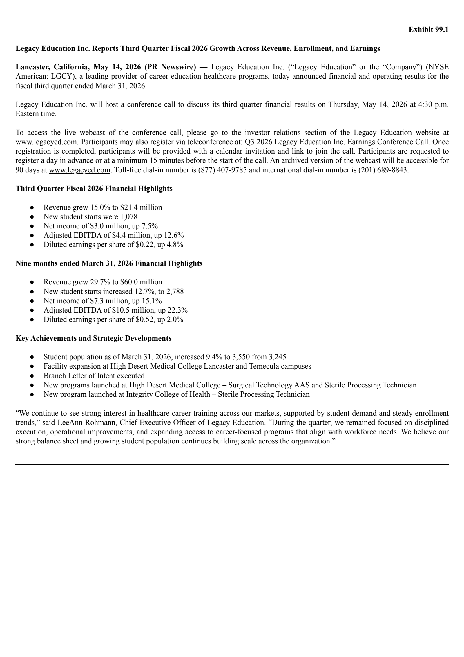 Legacy Education's Q3 2026 Press Release