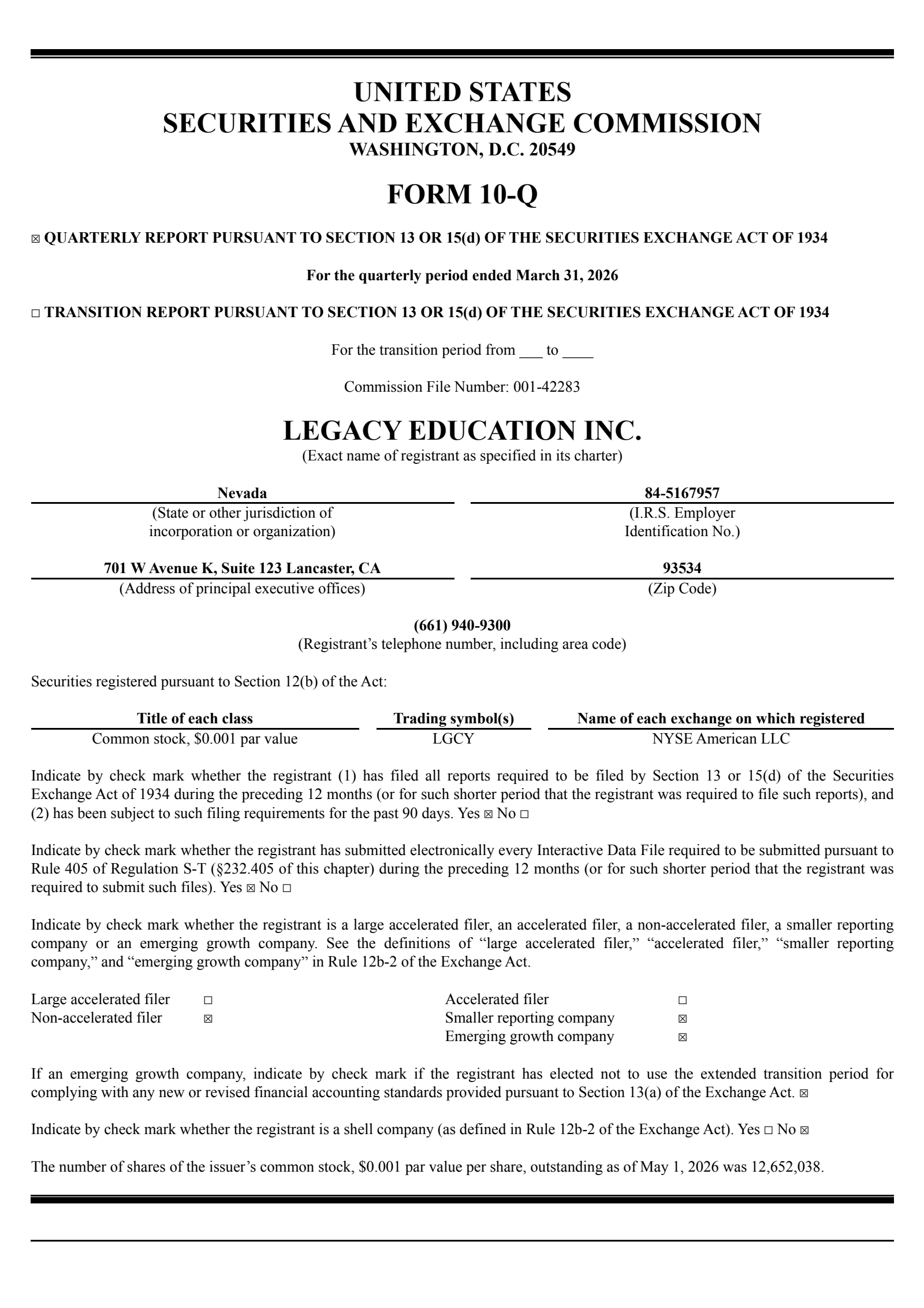 Legacy Education's Q3 2026 Quarterly report