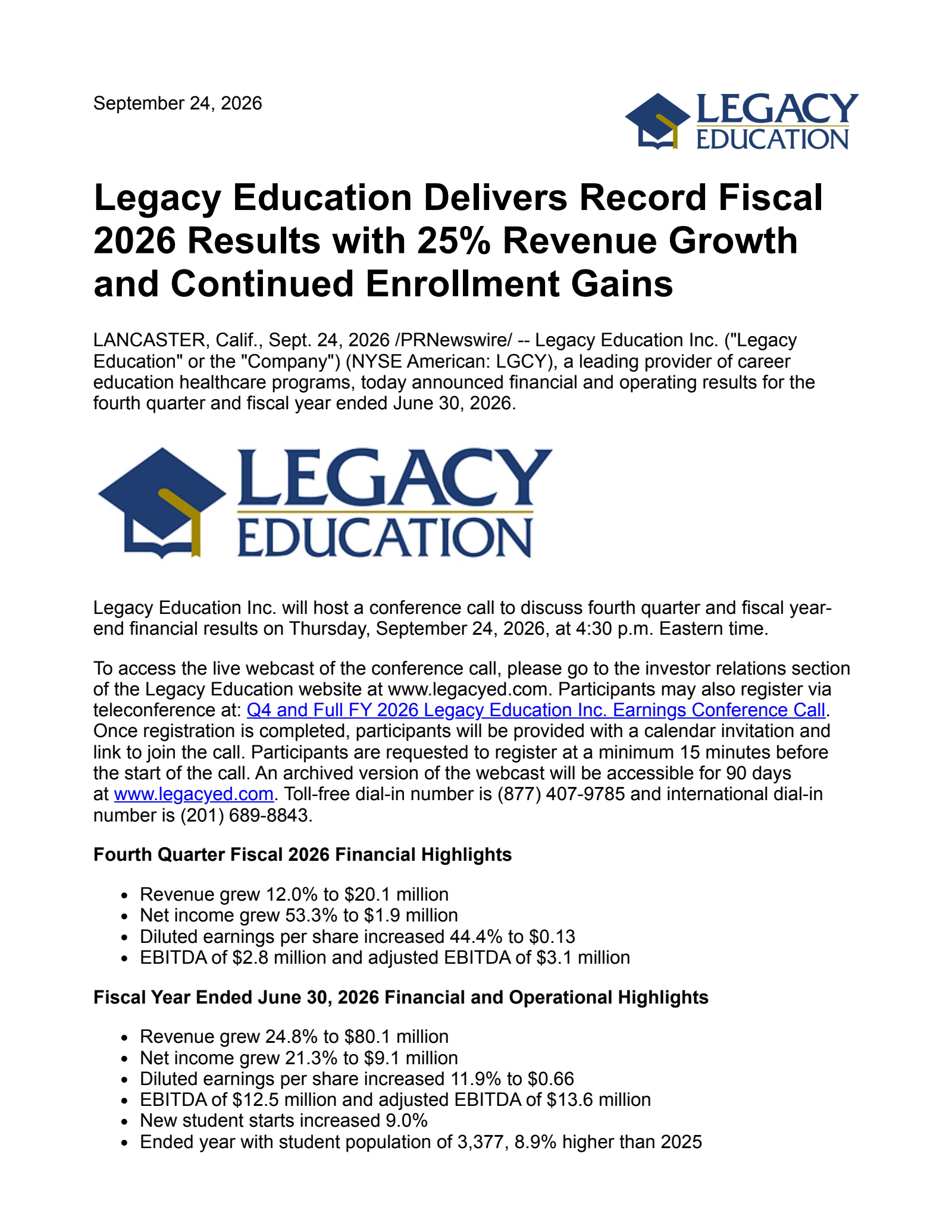 Legacy Education's Q4 2026 Press Release