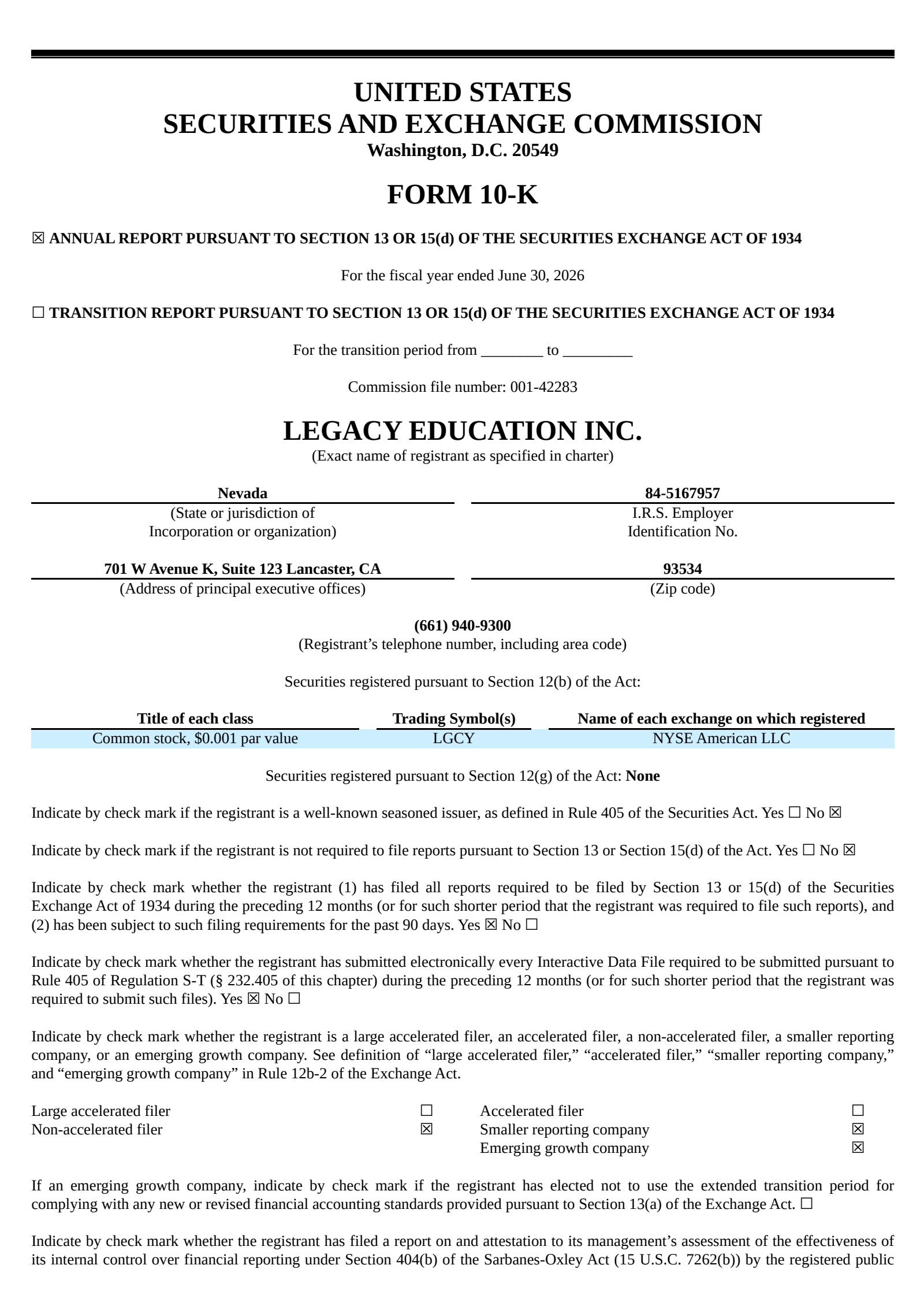 Legacy Education's Q4 2026 Annual report