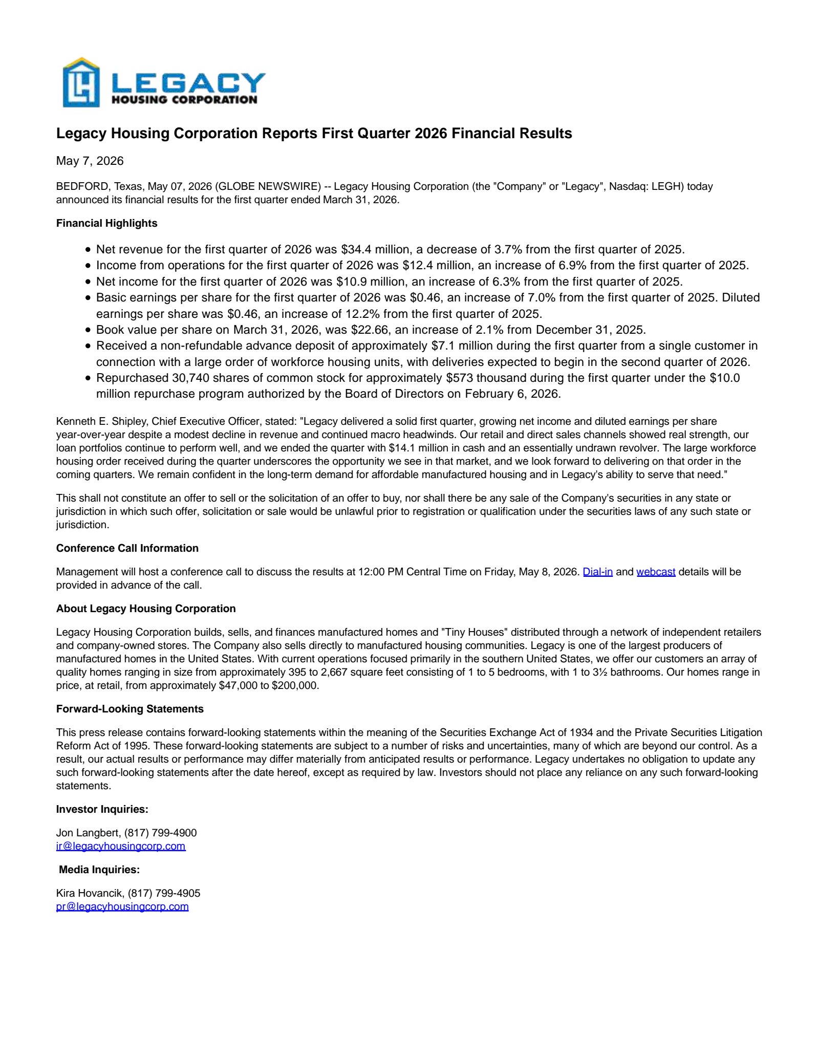 Legacy Housing's Q1 2026 Press Release