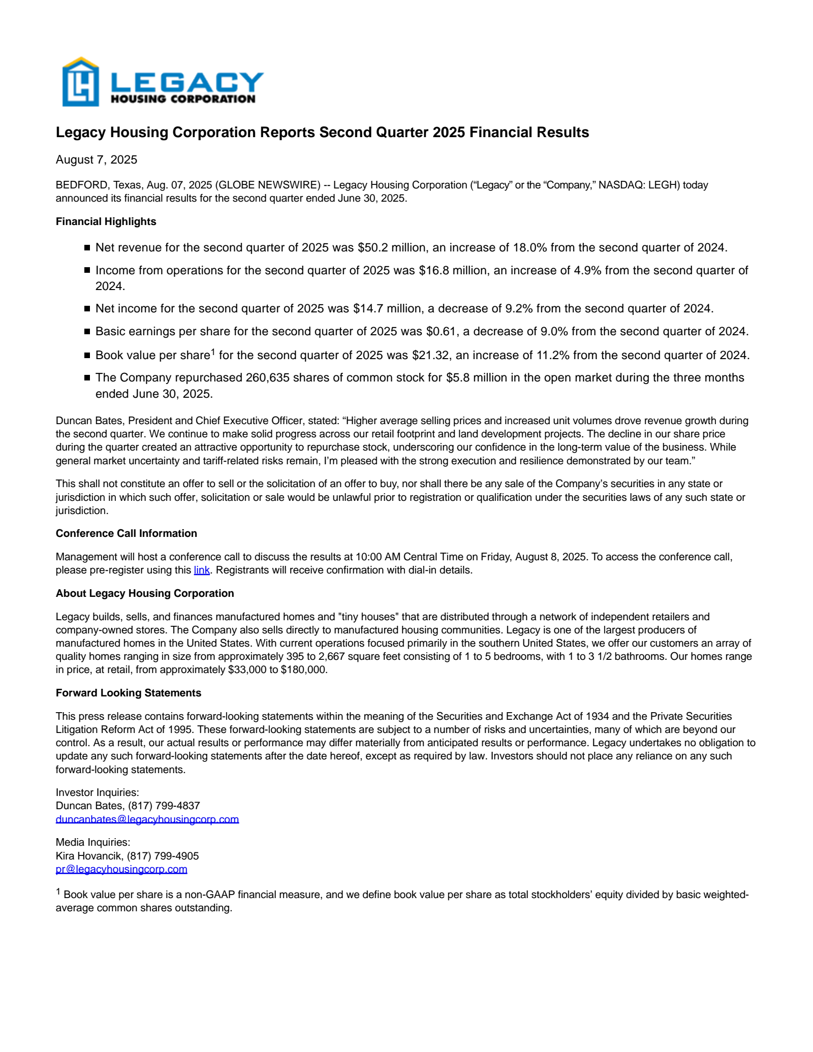 Legacy Housing's Q2 2025 Press Release