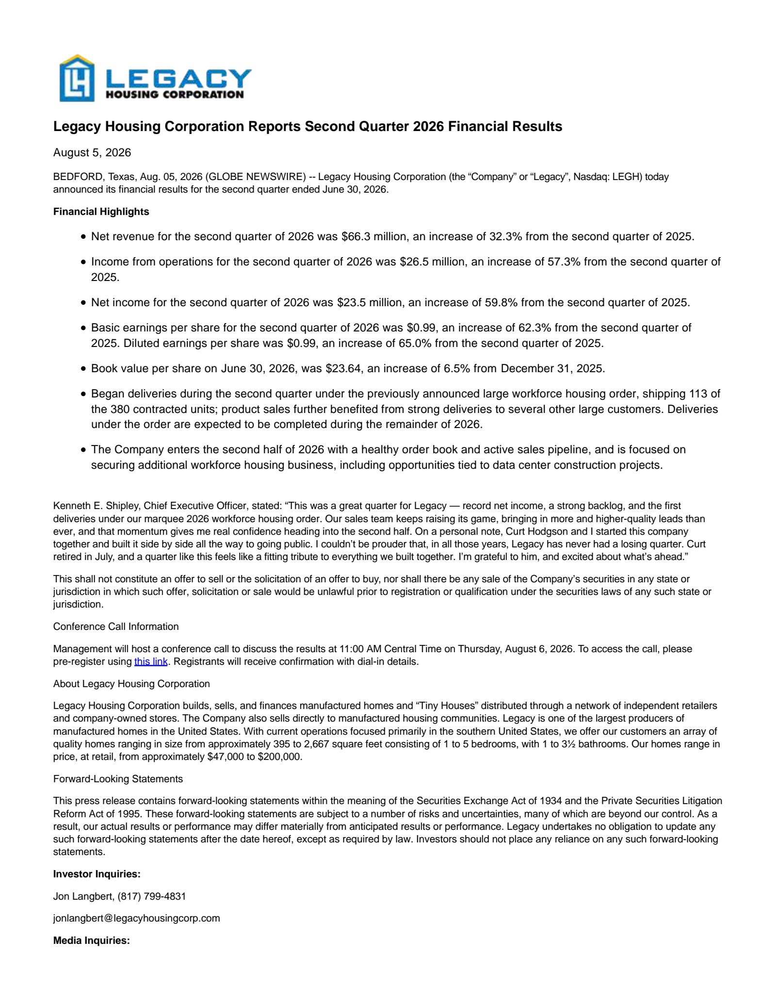 Legacy Housing's Q2 2026 Press Release