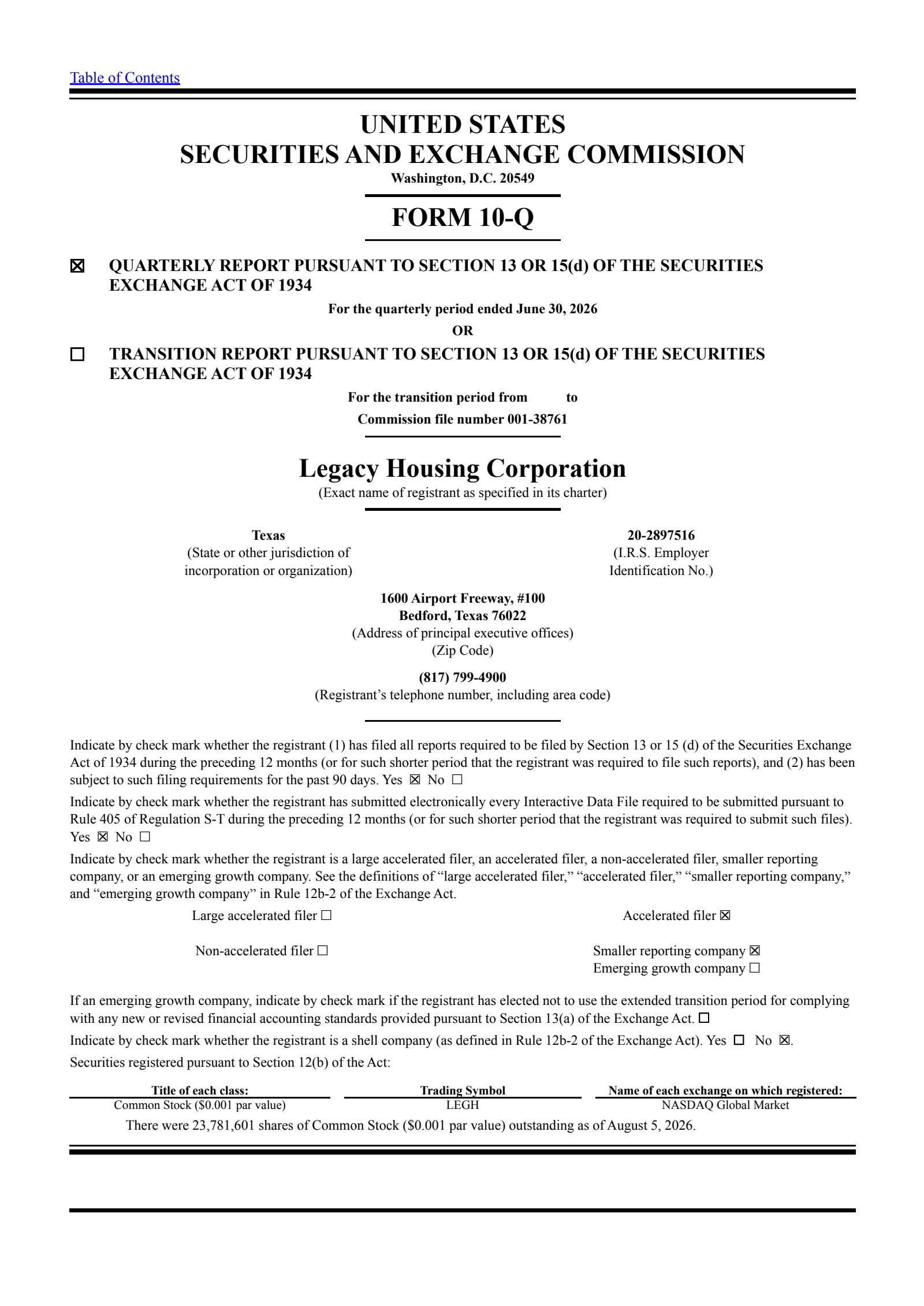 Legacy Housing's Q2 2026 Quarterly report