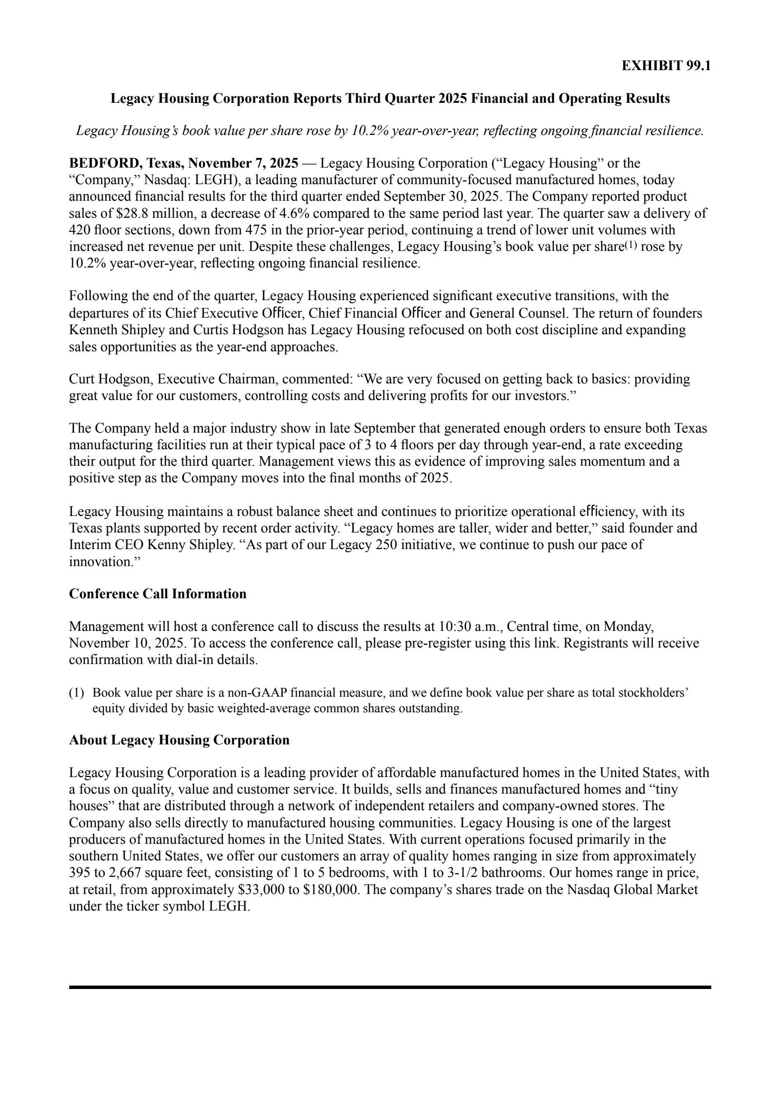 Legacy Housing's Q3 2025 Earnings Release
