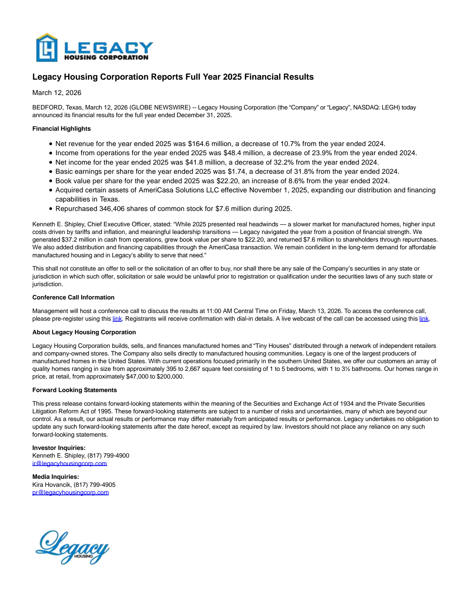 Legacy Housing's Q4 2025 Press Release