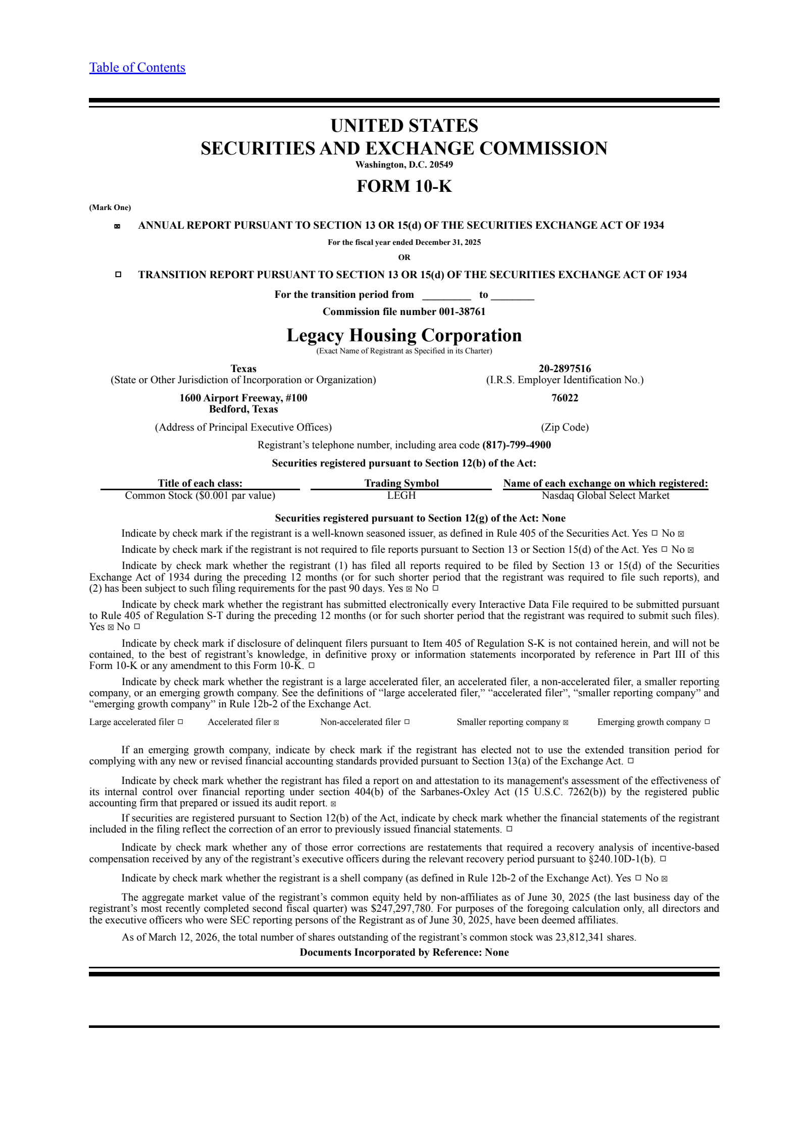 Legacy Housing's Q4 2025 Annual report