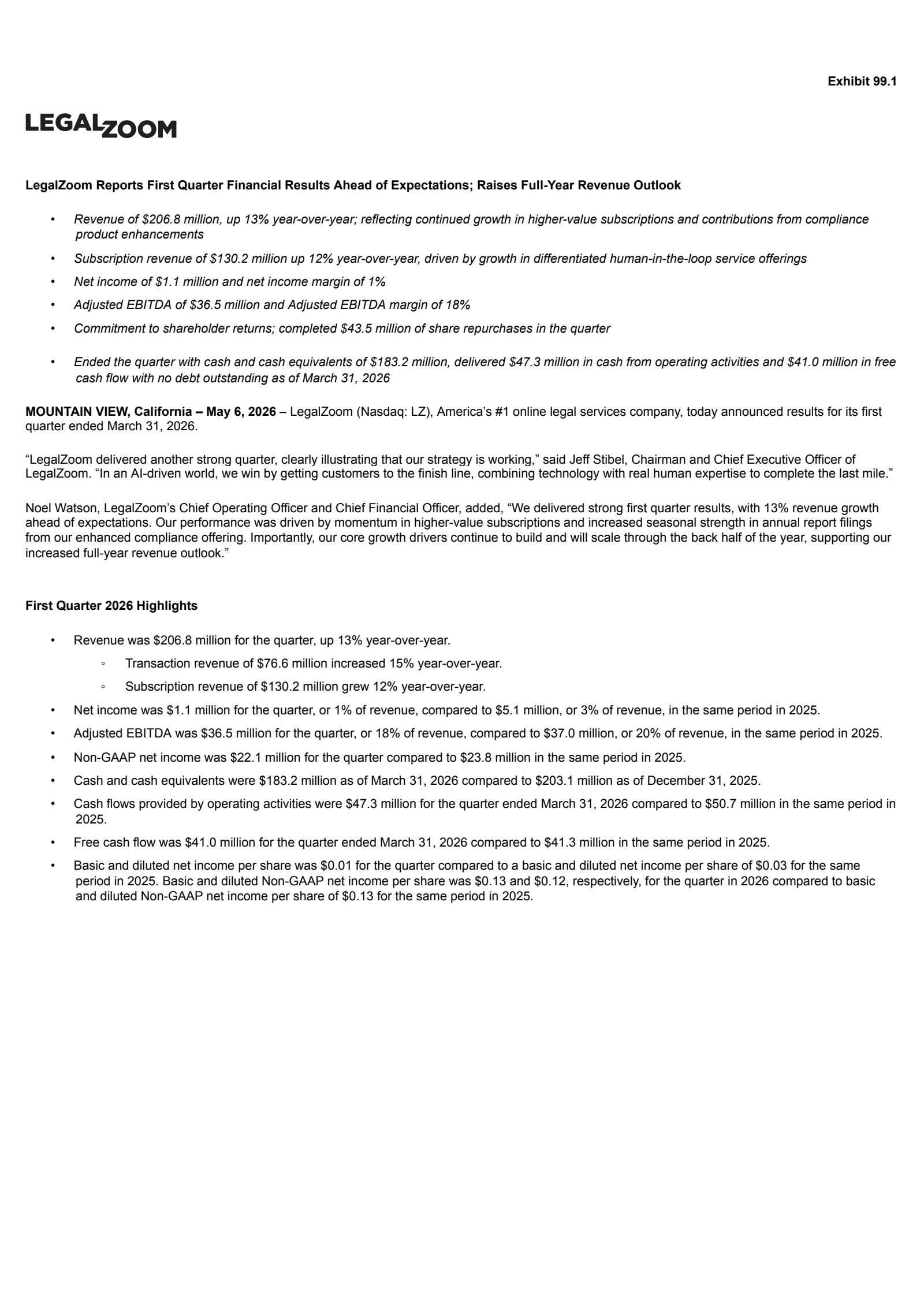 LegalZoom.com's Q1 2026 Press Release
