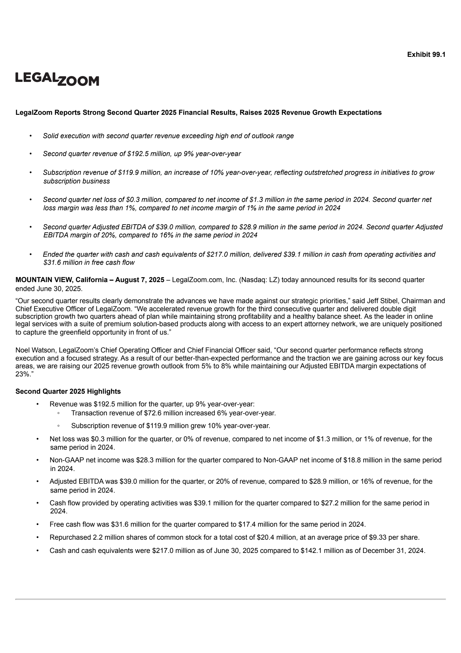 LegalZoom.com's Q2 2025 Press Release