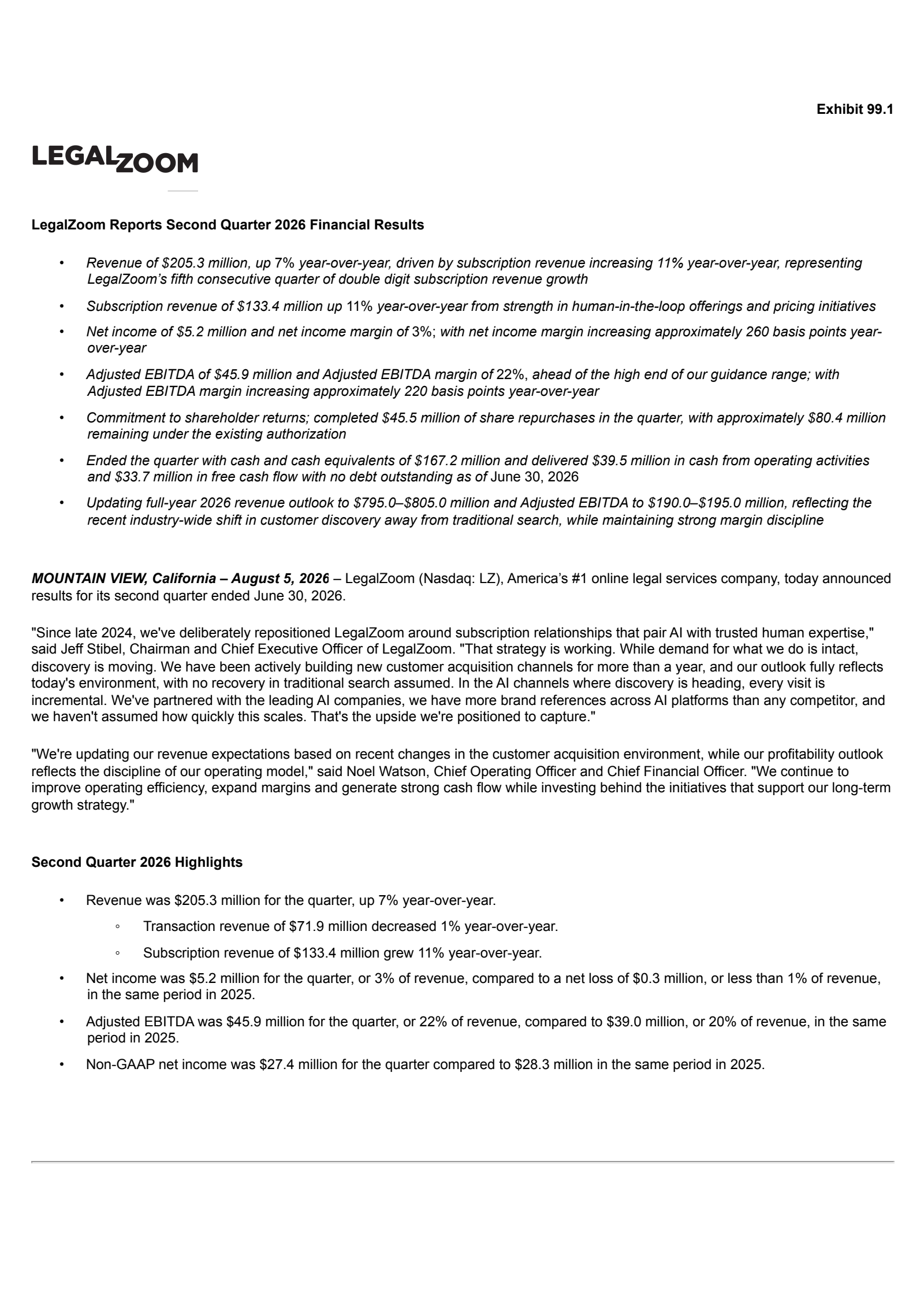 LegalZoom.com's Q2 2026 Press Release