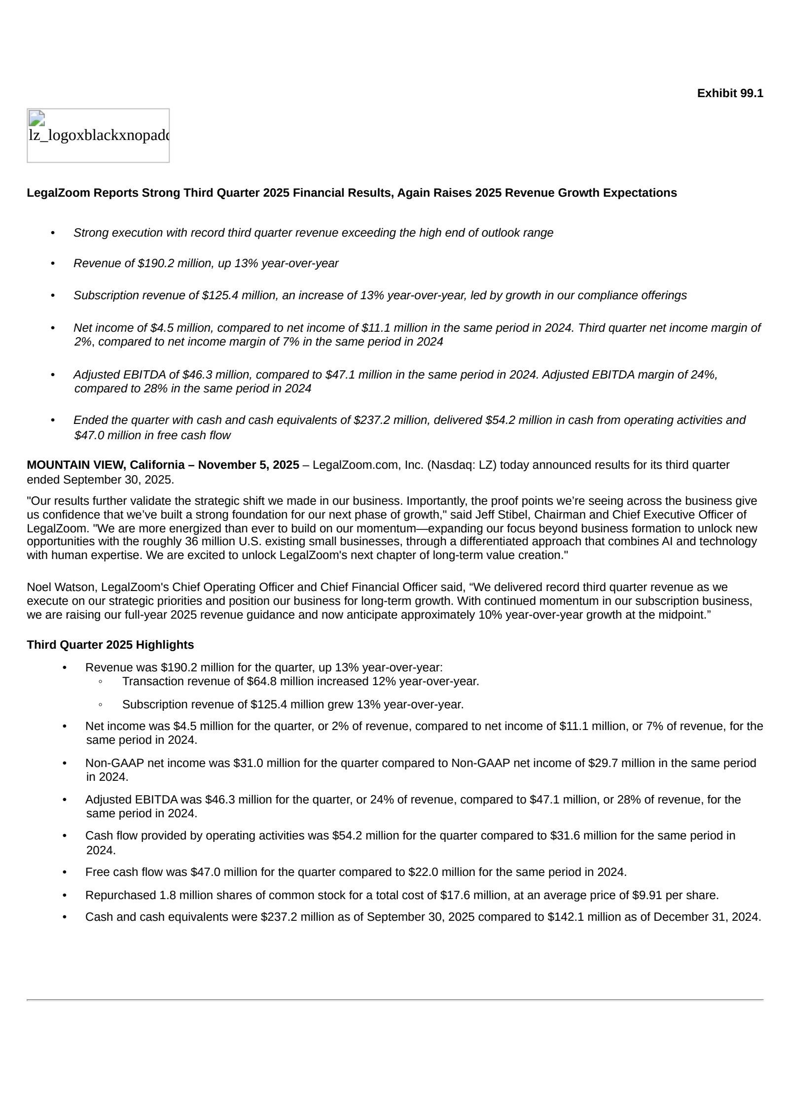 LegalZoom.com's Q3 2025 Earnings Release