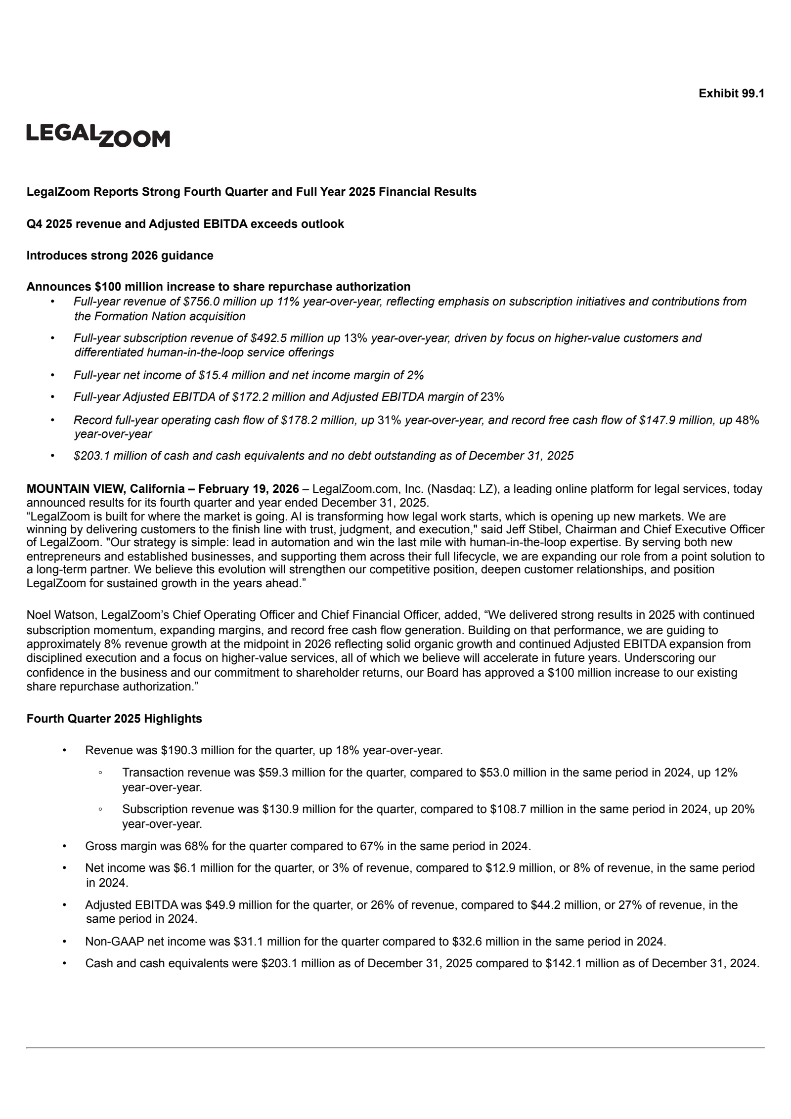LegalZoom.com's Q4 2025 Press Release