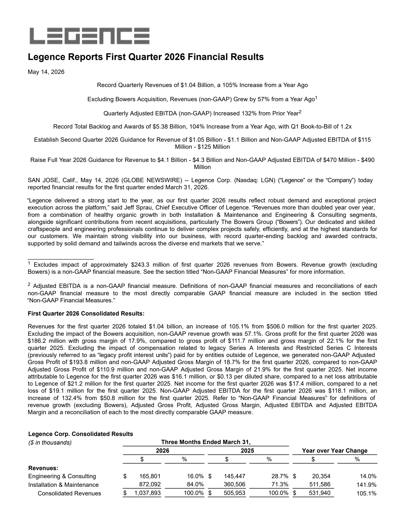 LGN's Q1 2026 Press Release