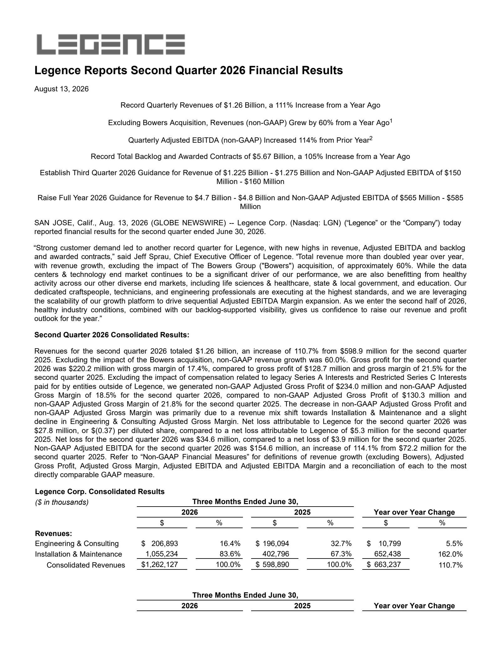 LGN's Q2 2026 Press Release
