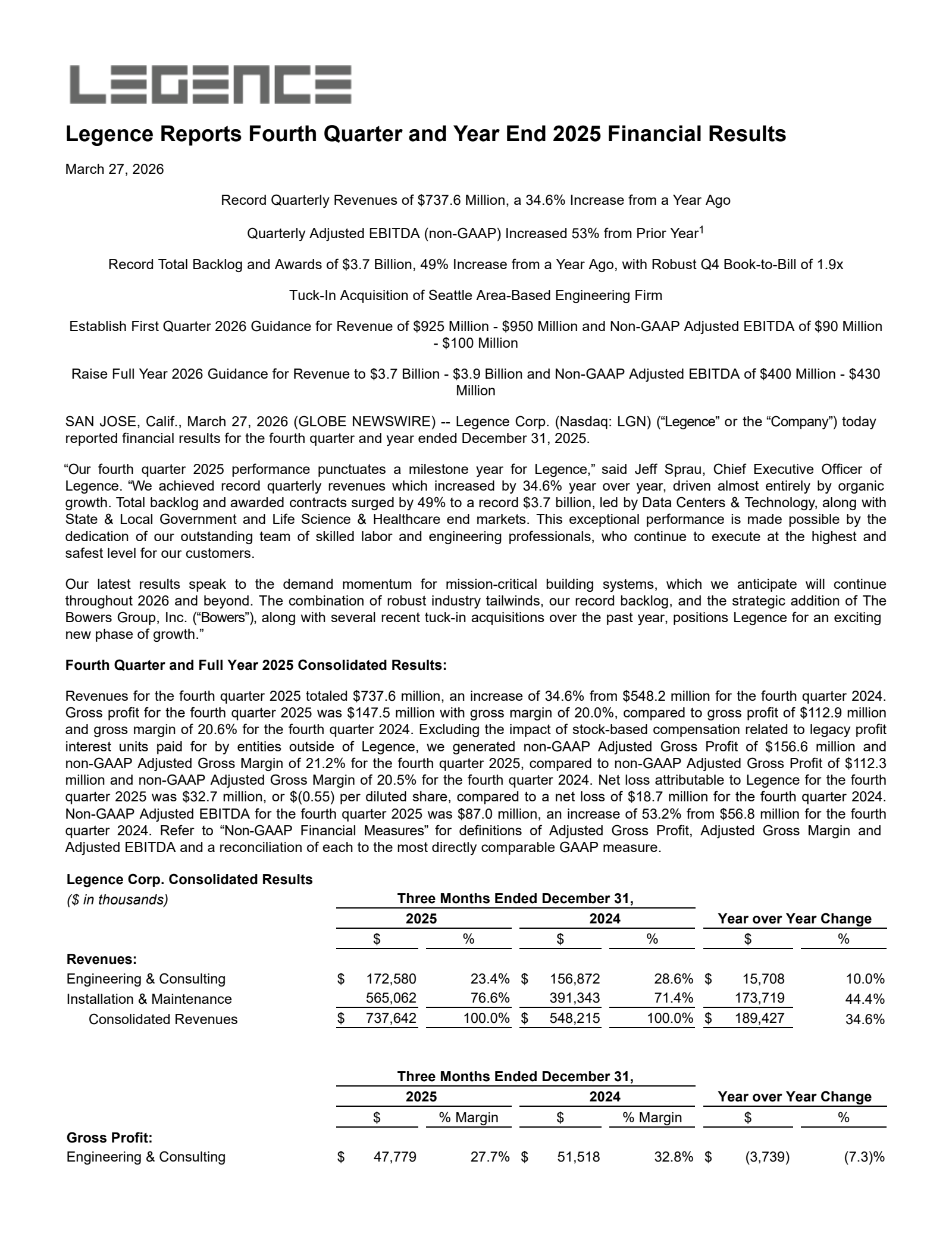 LGN's Q4 2025 Press Release