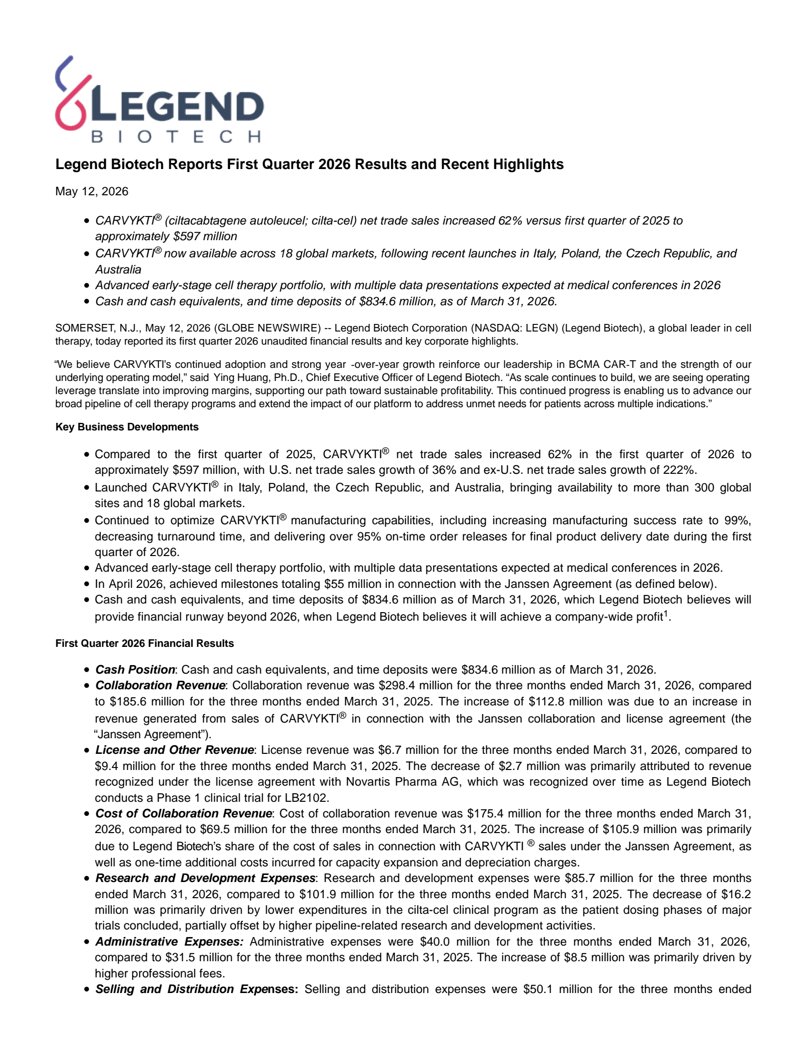 Legend Biotech's Q1 2026 Press Release