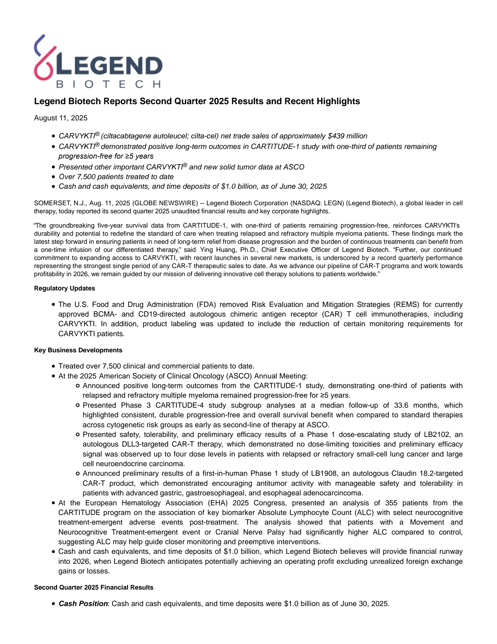 Legend Biotech's Q2 2025 Press Release