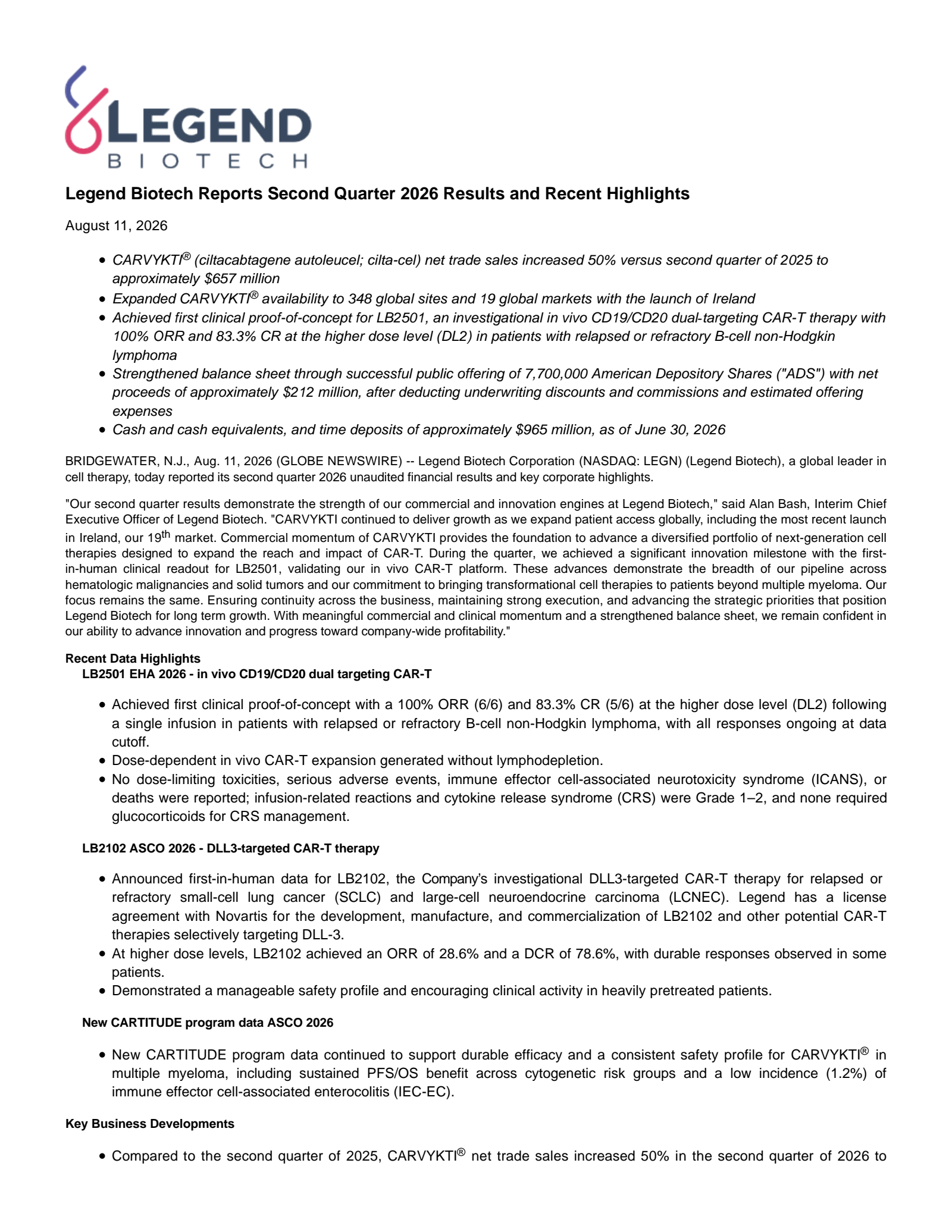 Legend Biotech's Q2 2026 Press Release