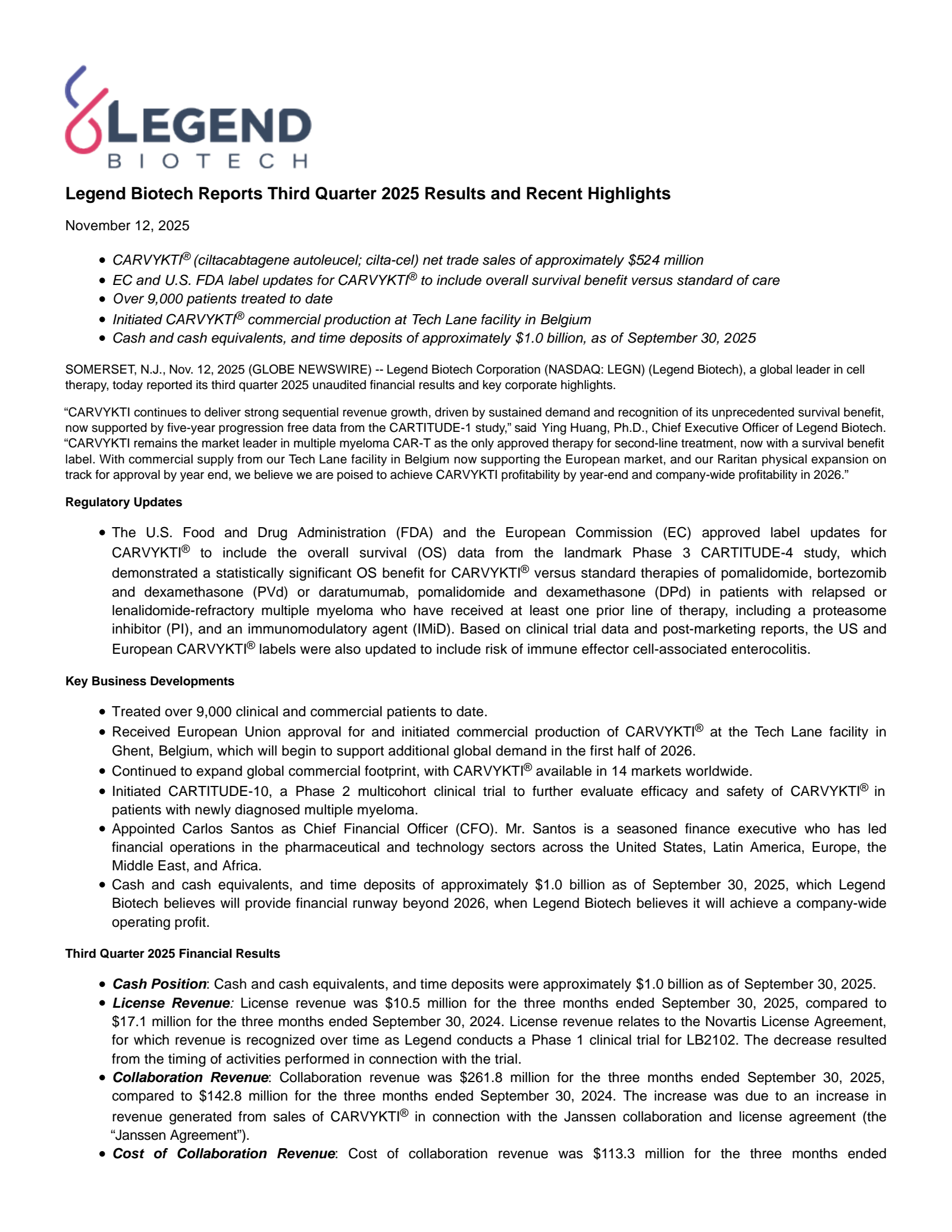 Legend Biotech's Q3 2025 Earnings Release