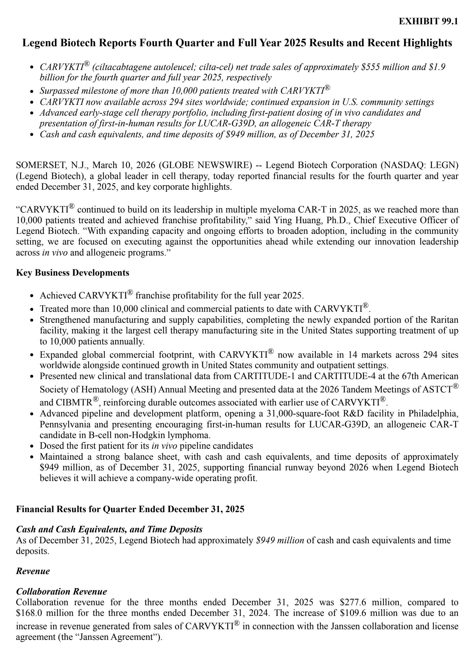 Legend Biotech's Q4 2025 Press Release