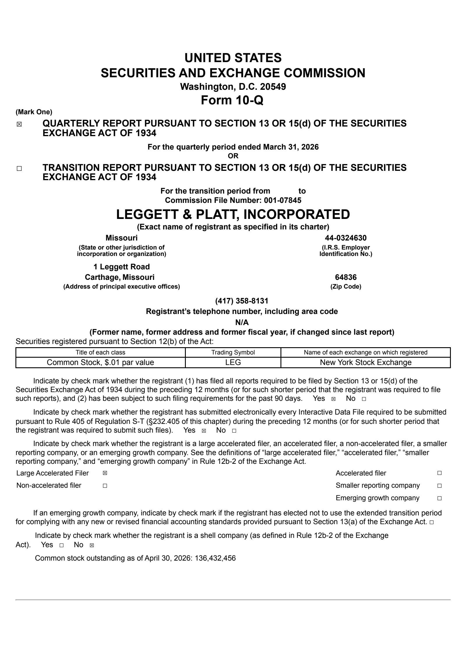 Leggett & Platt's Q1 2026 Quarterly report
