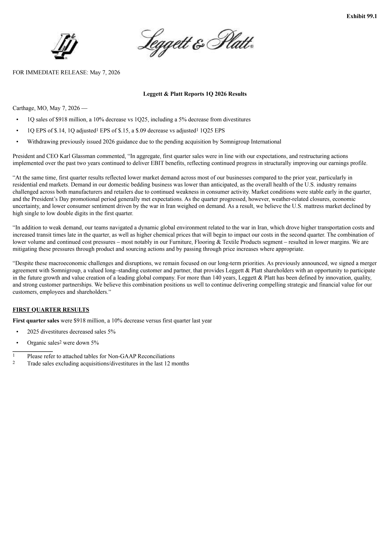 Leggett & Platt's Q1 2026 Press Release