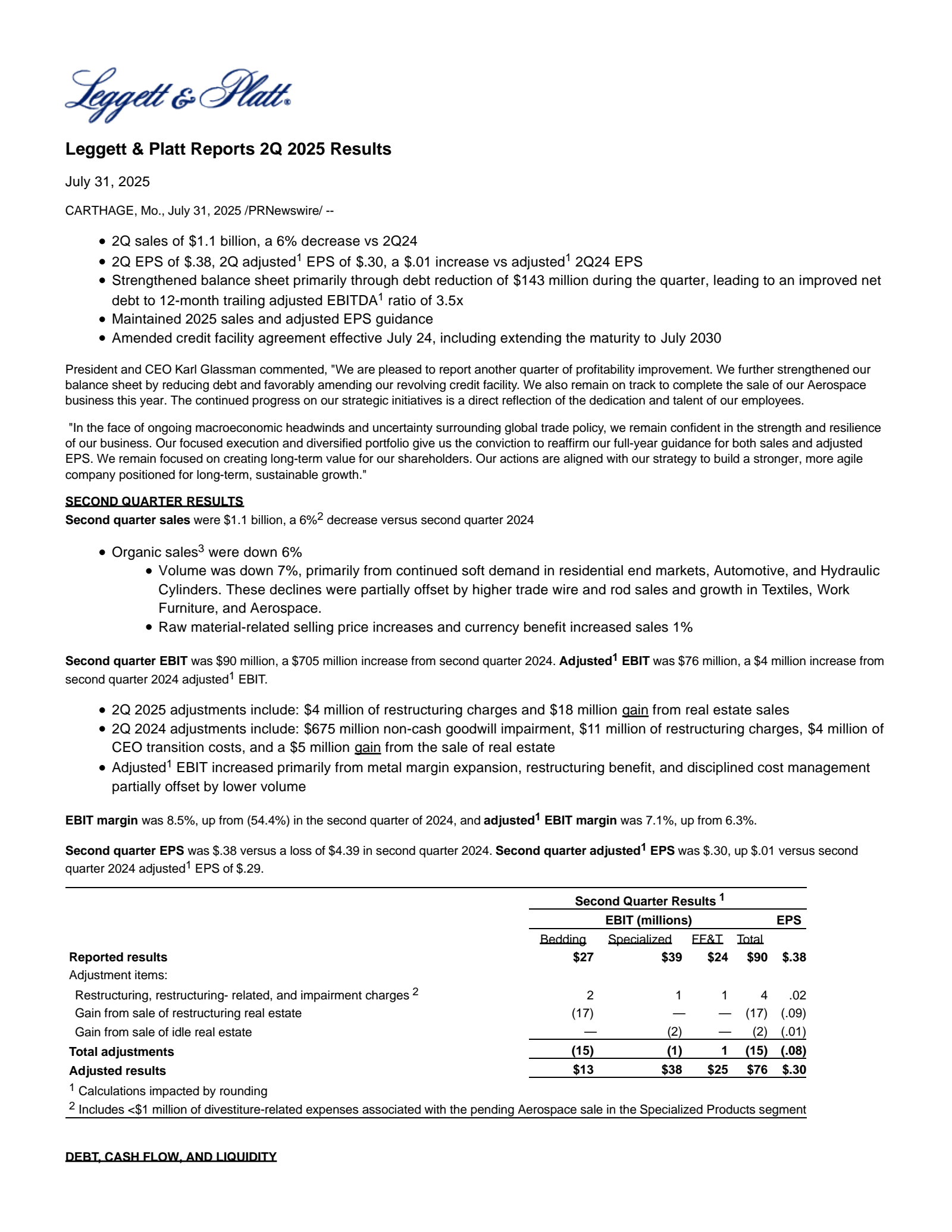 Leggett & Platt's Q2 2025 Press Release