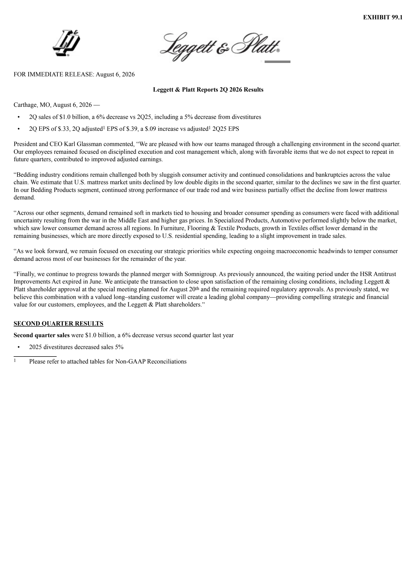 Leggett & Platt's Q2 2026 Press Release
