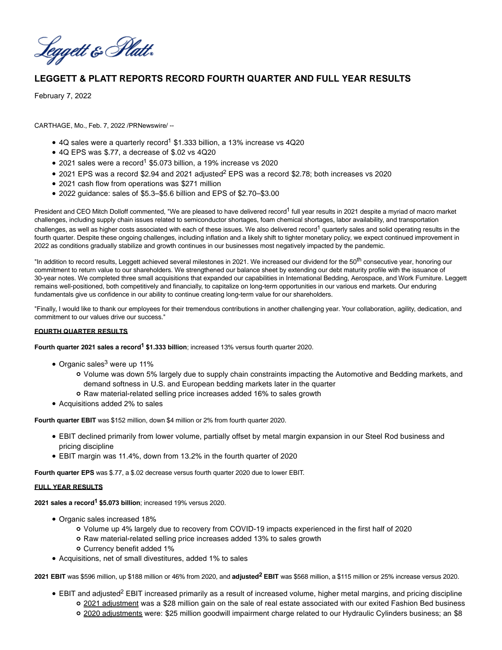 Leggett & Platt's Q4 2021 Press Release