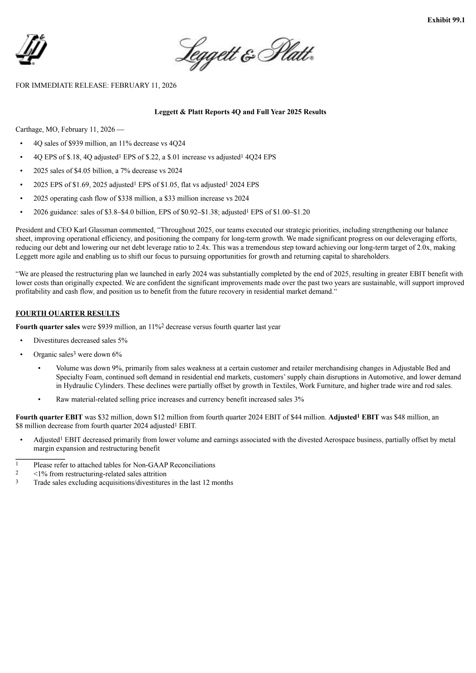 Leggett & Platt's Q4 2025 Press Release