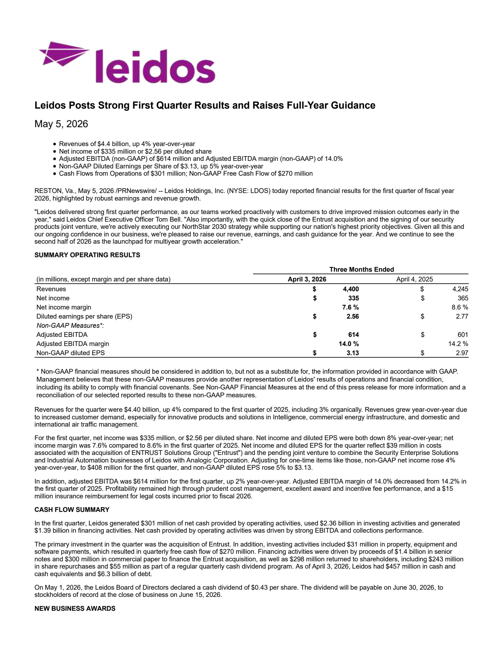 Leidos' Q1 2026 Press Release