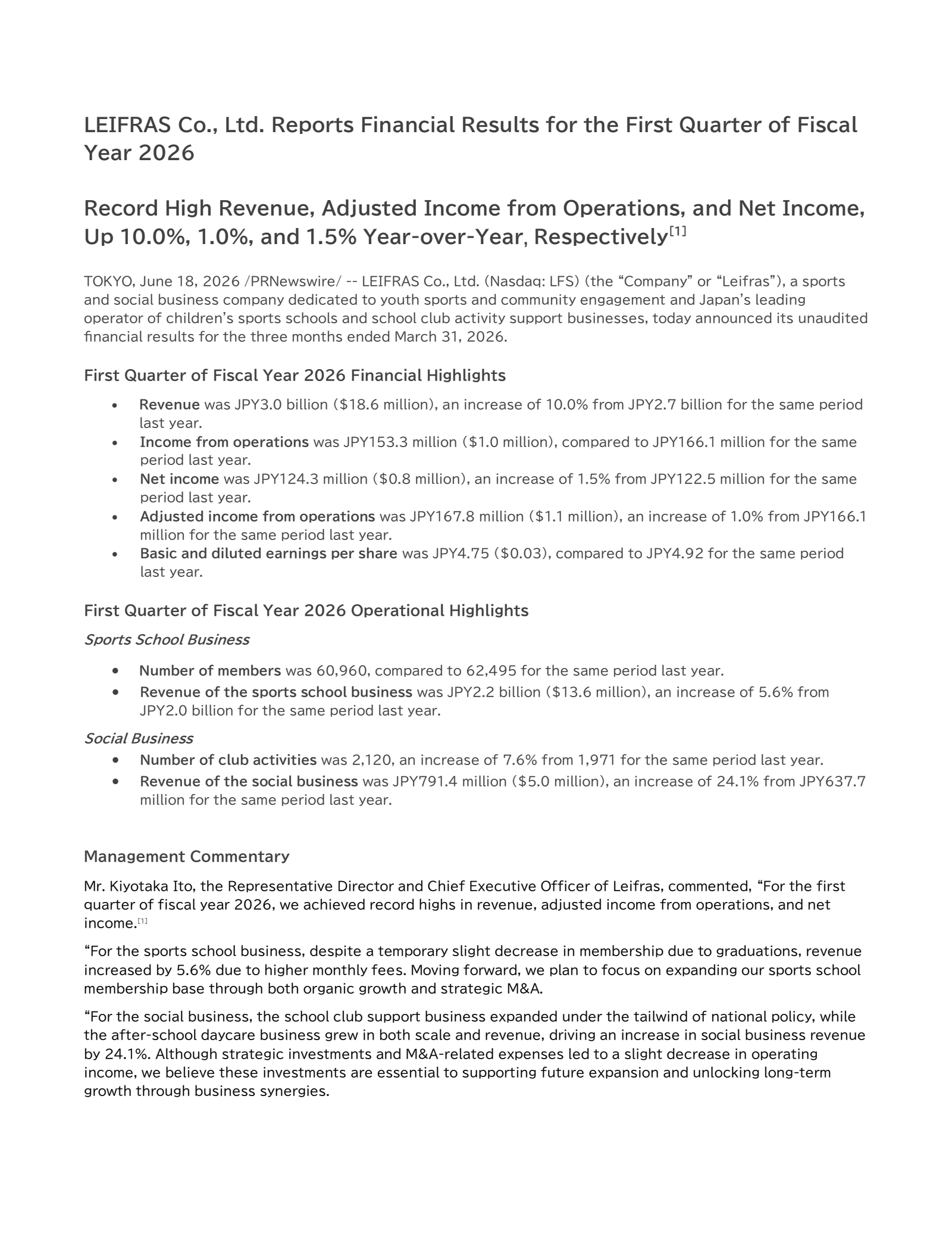 Leifras' Q1 2026 Press Release