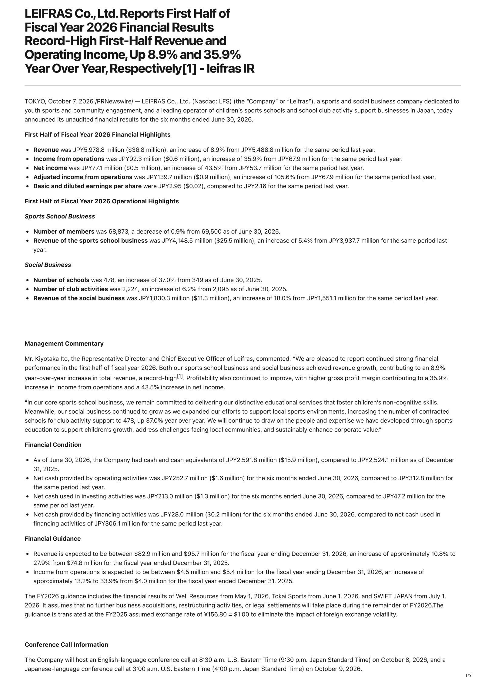 Leifras' Q2 2026 Press Release