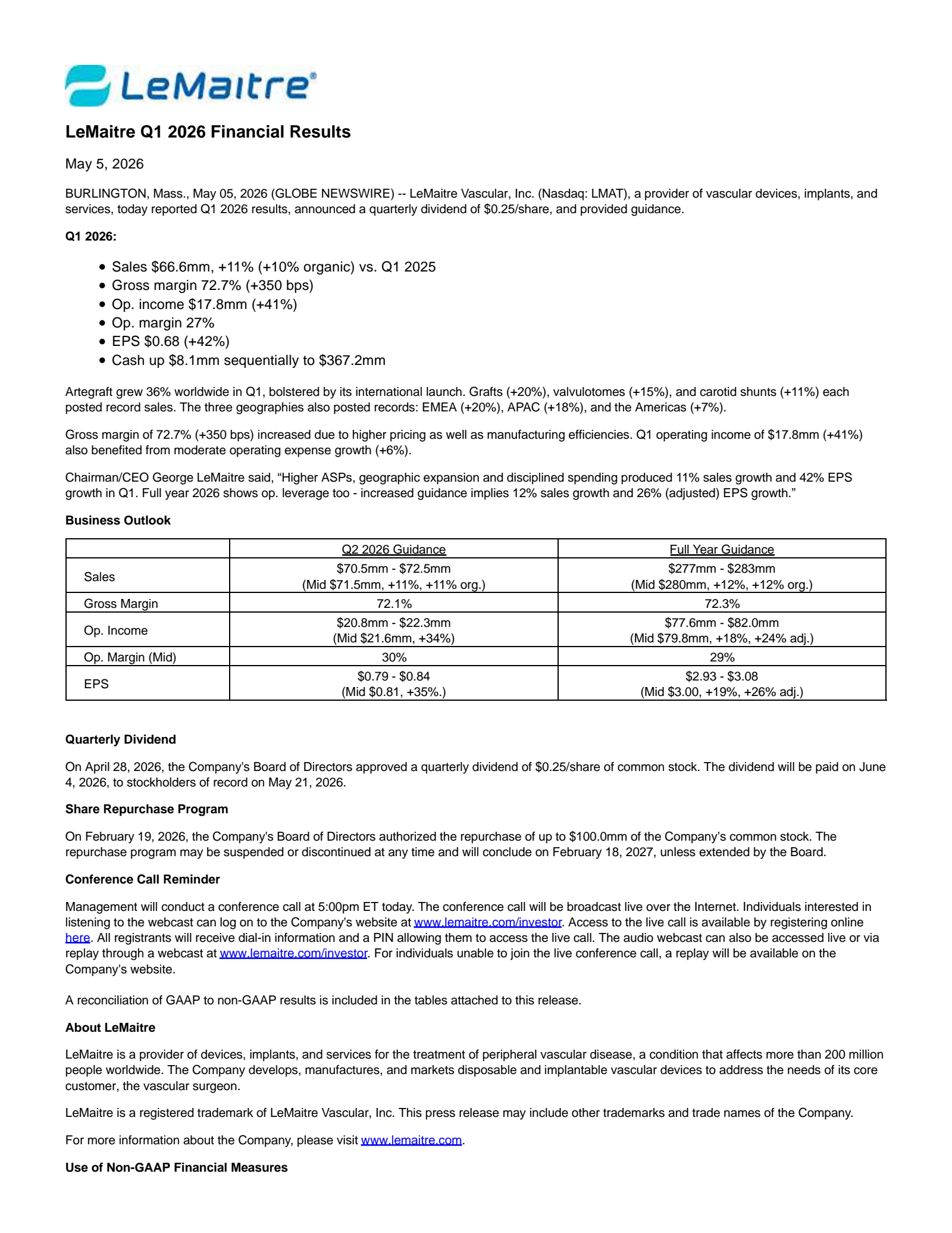LeMaitre Vascular's Q1 2026 Press Release