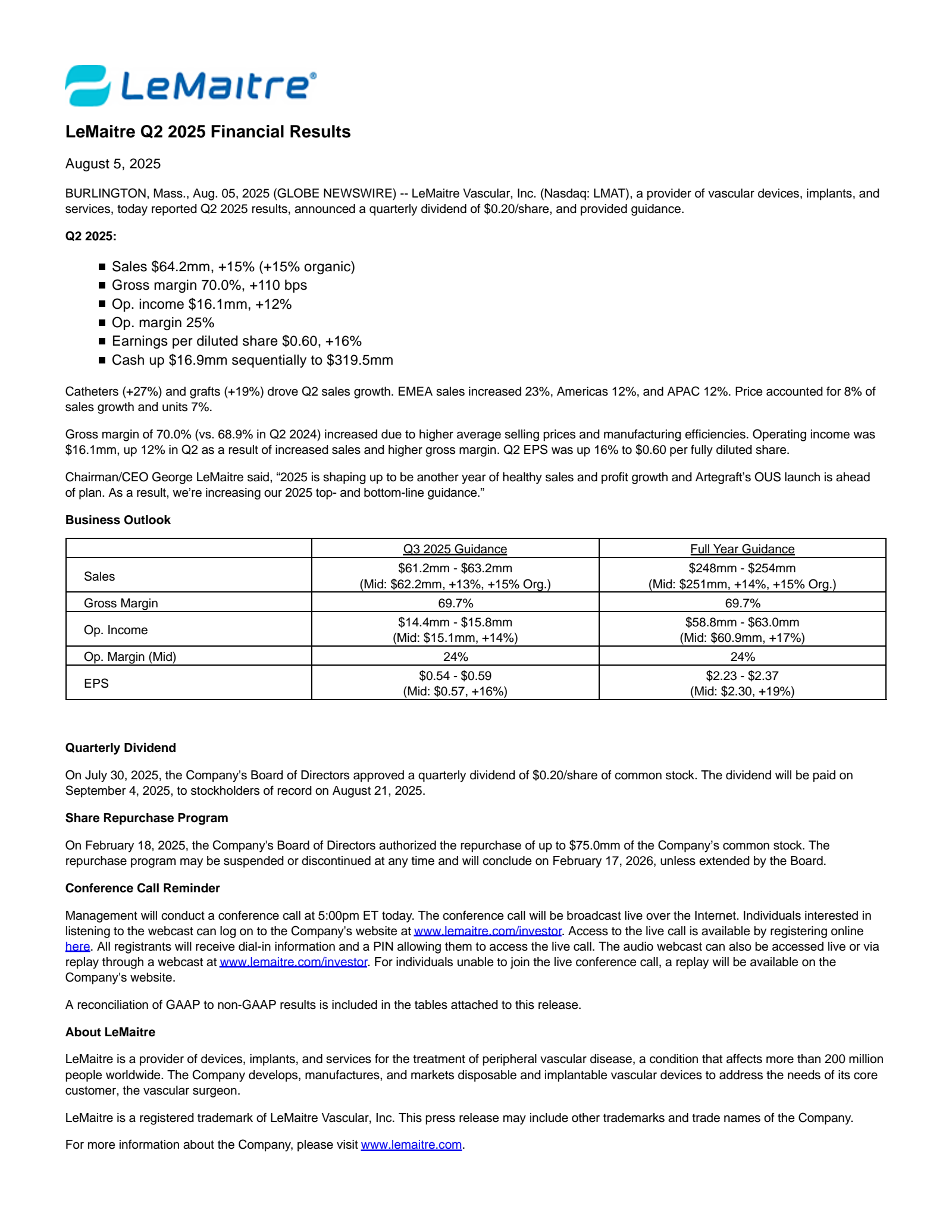 LeMaitre Vascular's Q2 2025 Press Release