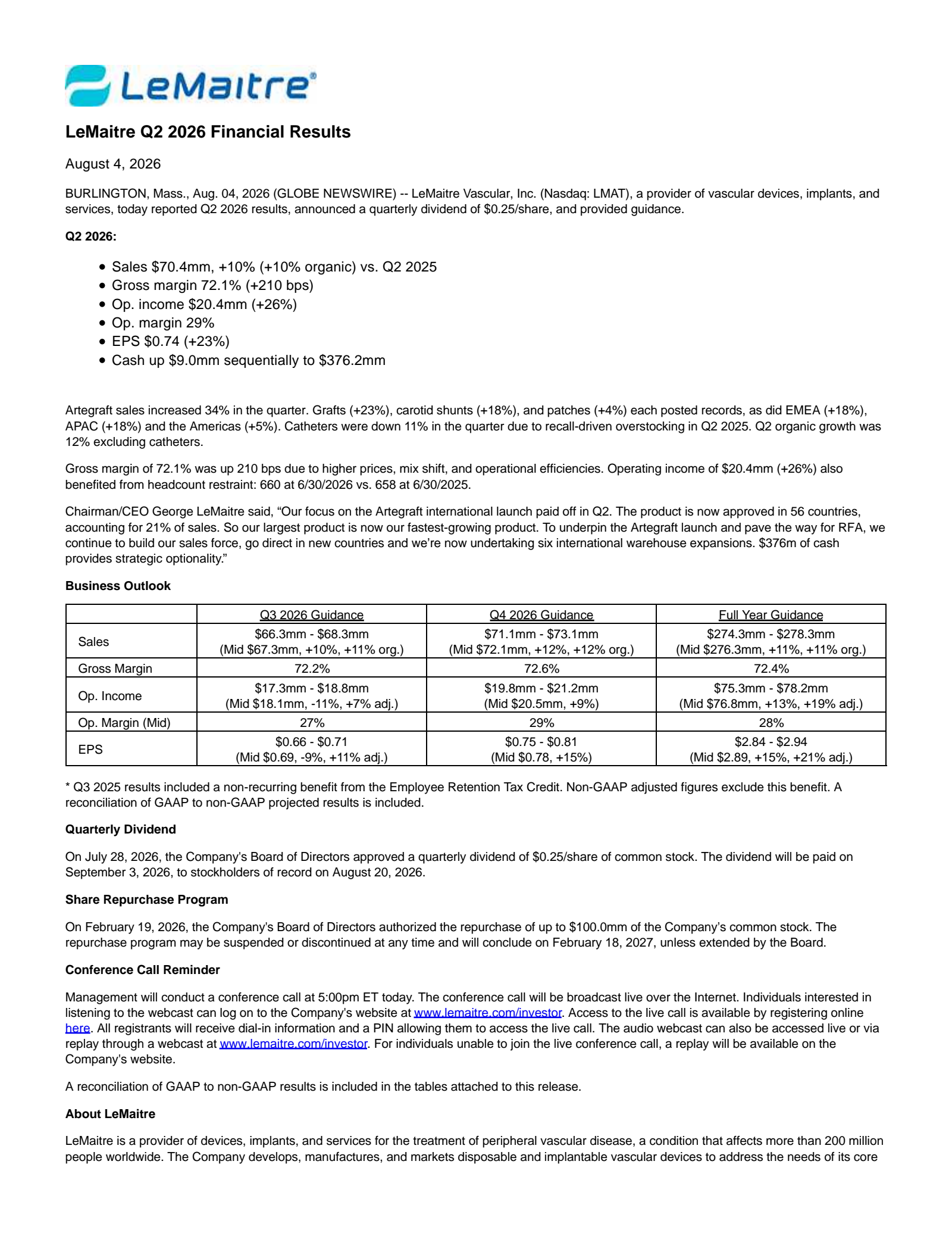 LeMaitre Vascular's Q2 2026 Press Release