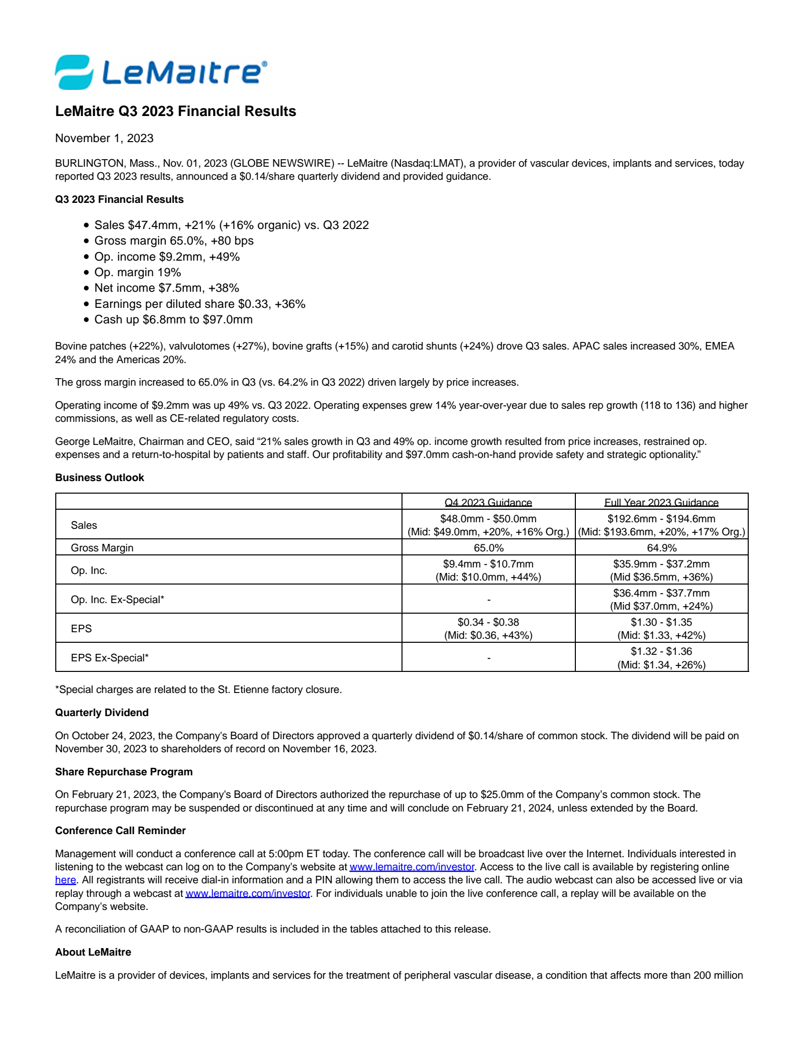 LeMaitre Vascular's Q3 2023 Press Release