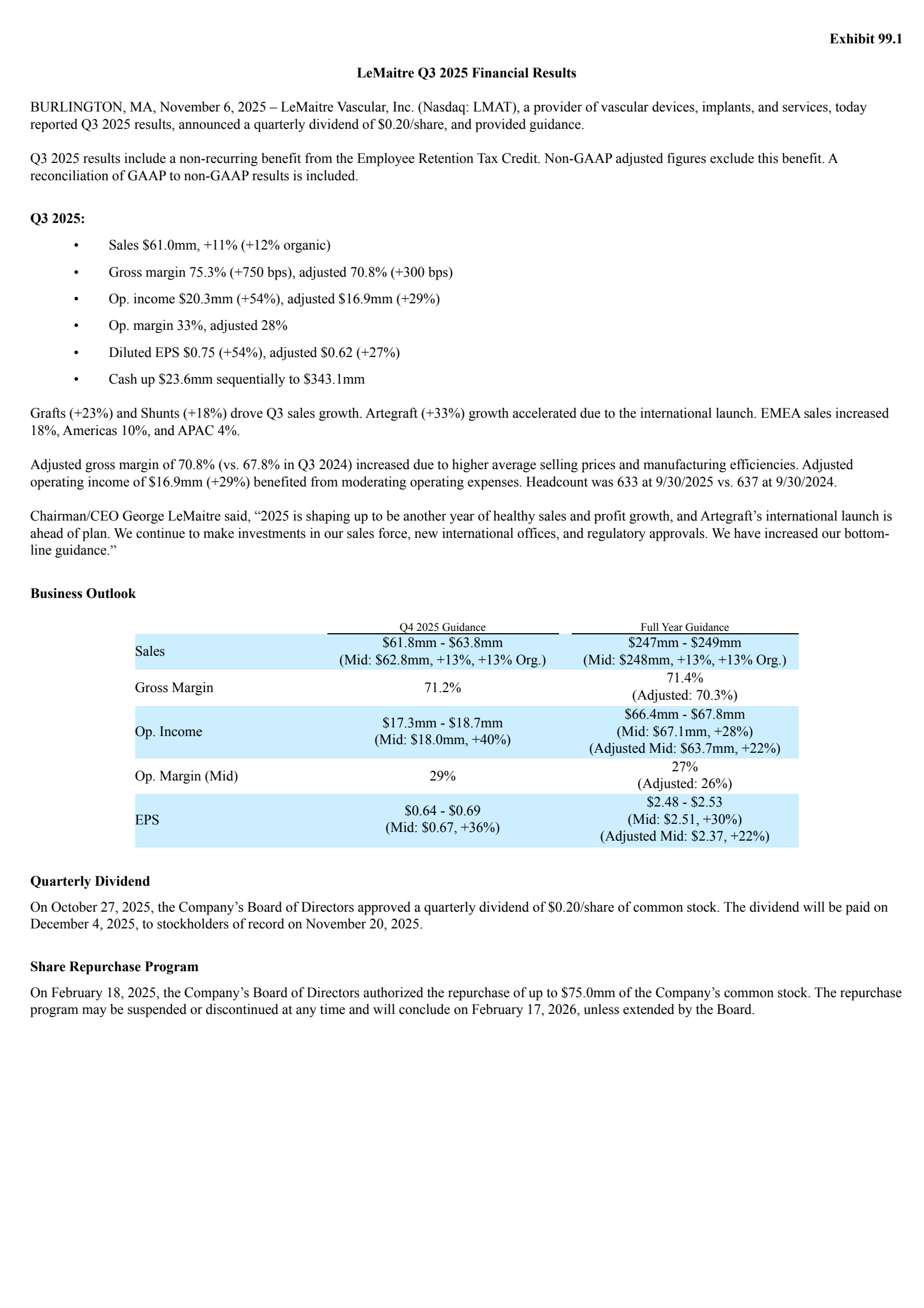 LeMaitre Vascular's Q3 2025 Earnings Release
