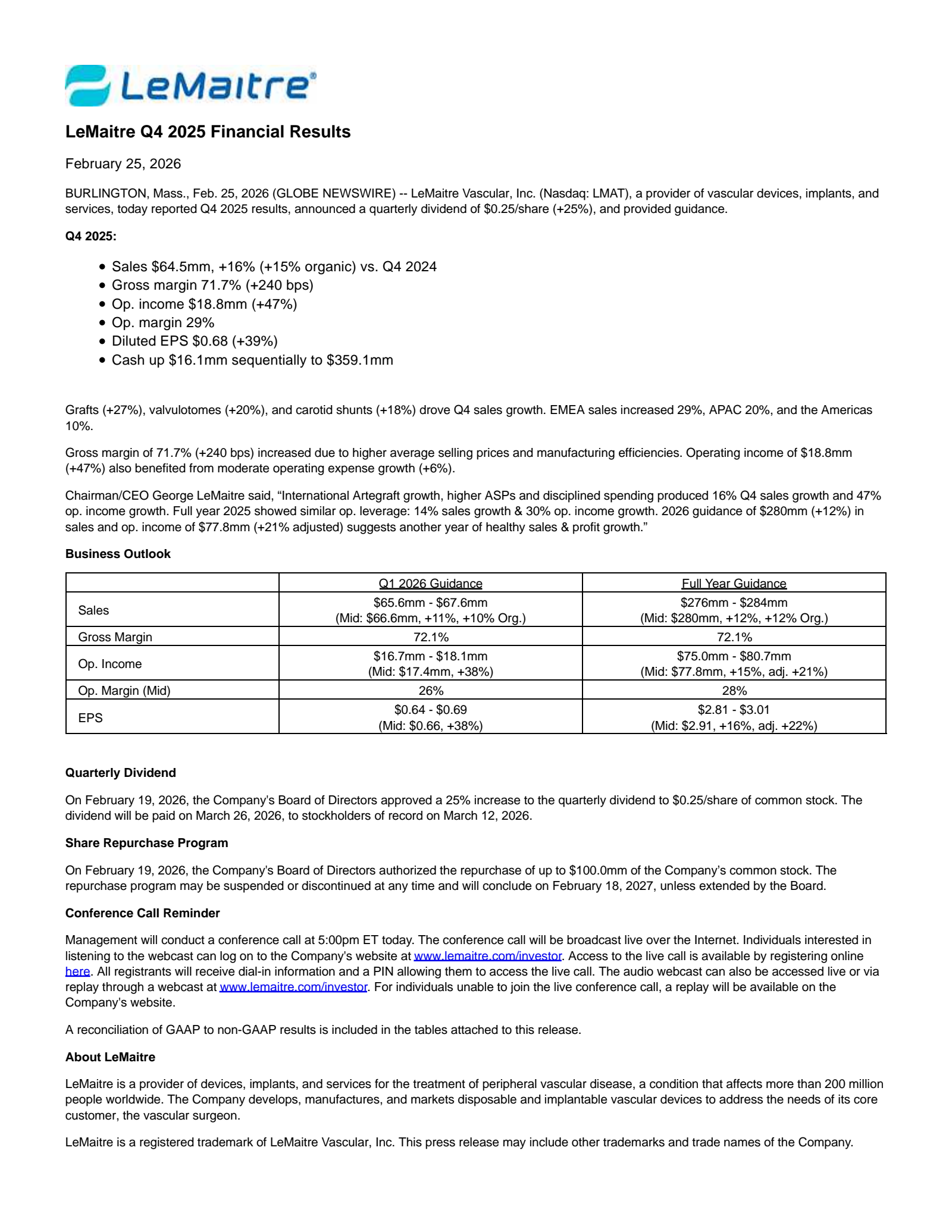 LeMaitre Vascular's Q4 2025 Press Release