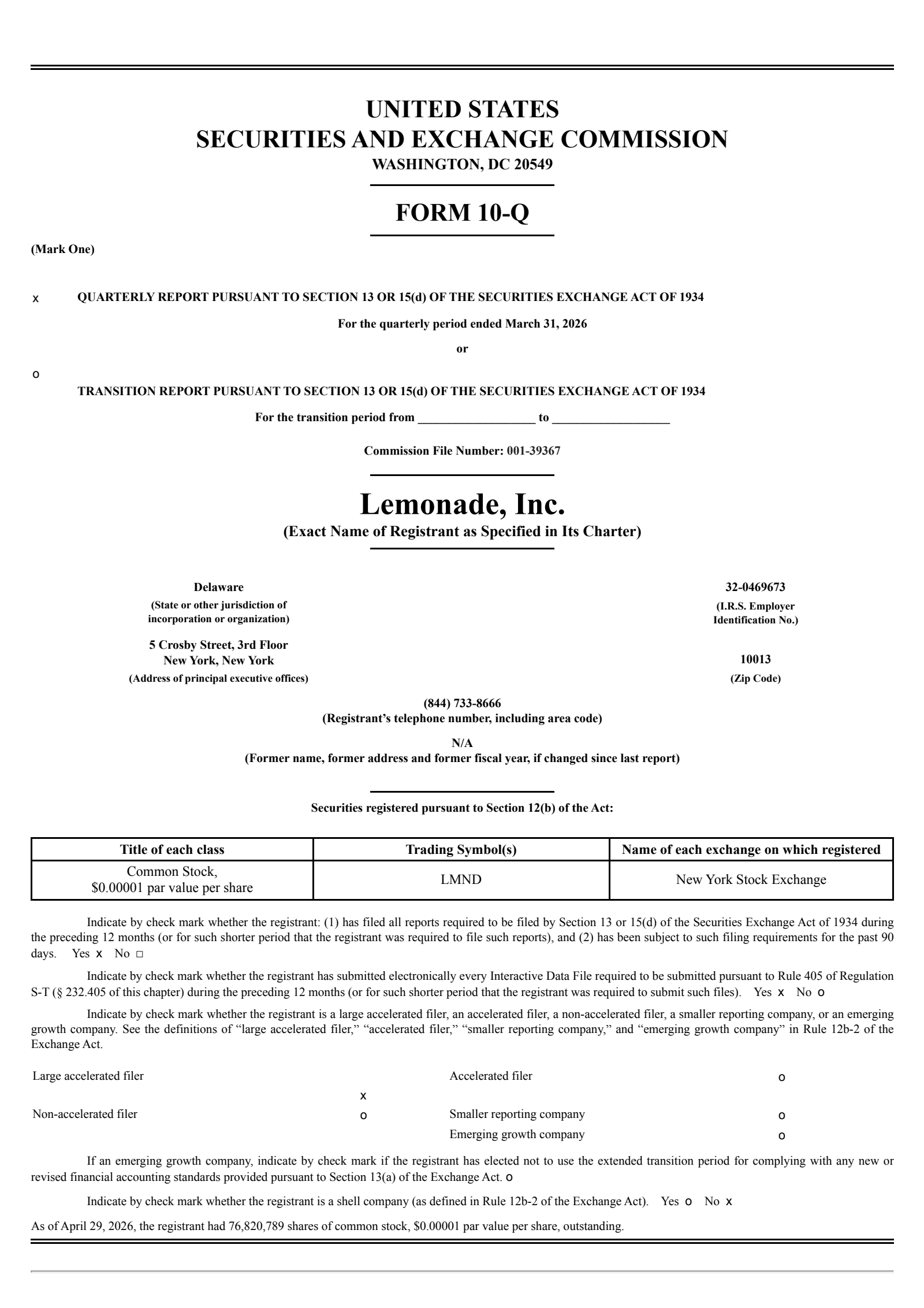 Lemonade's Q1 2026 Quarterly report