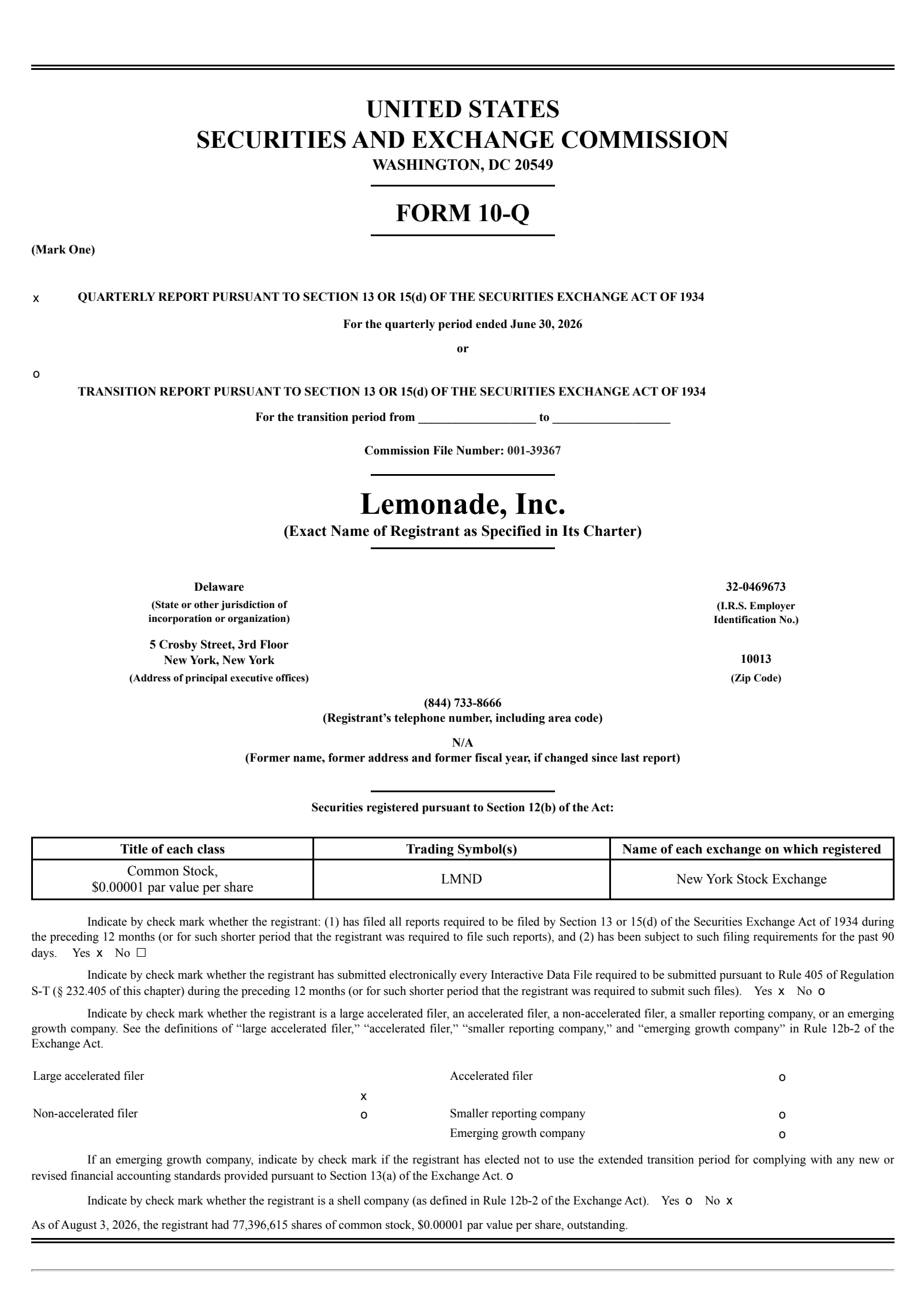 Lemonade's Q2 2026 Quarterly report