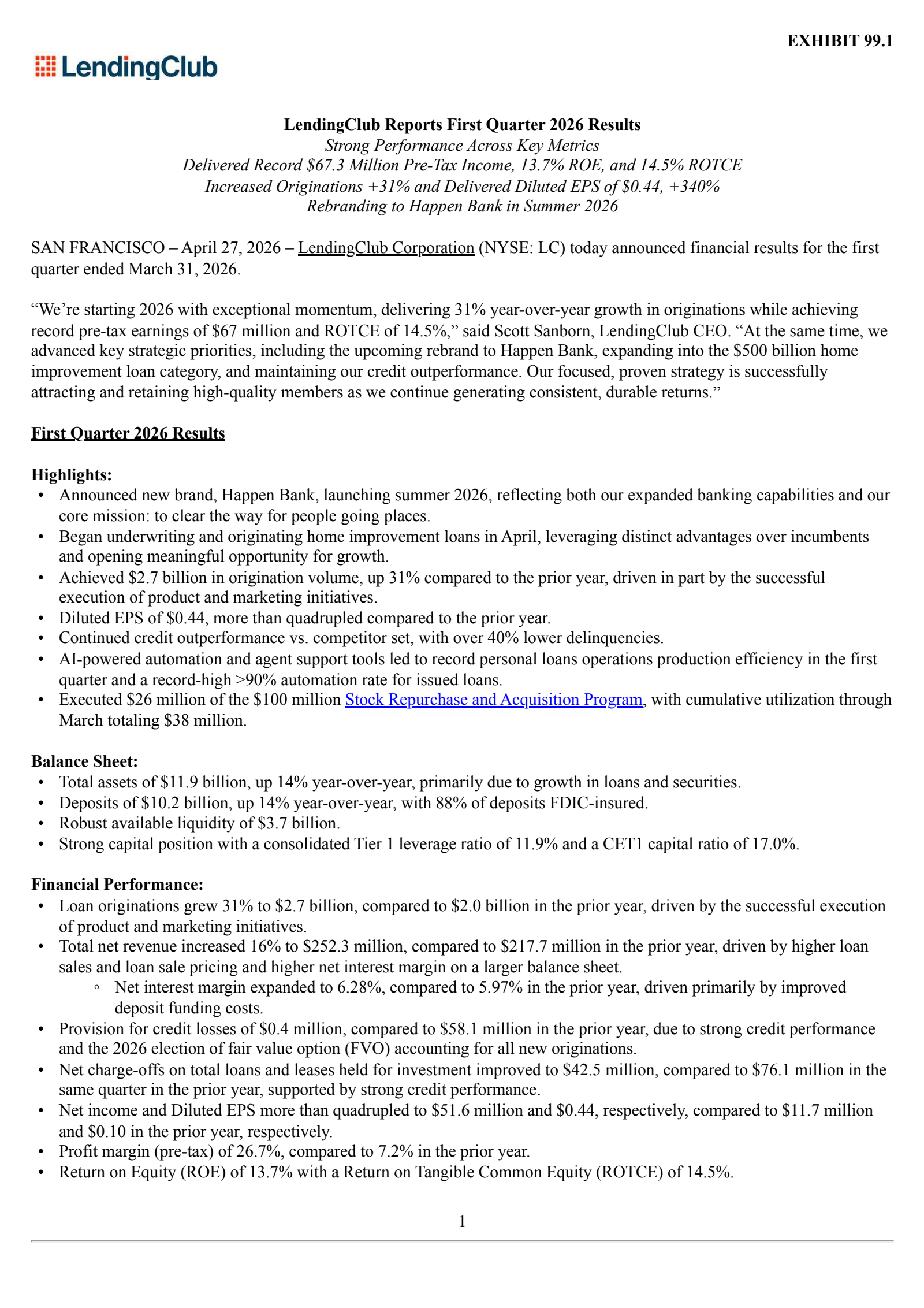 LendingClub's Q1 2026 Press Release